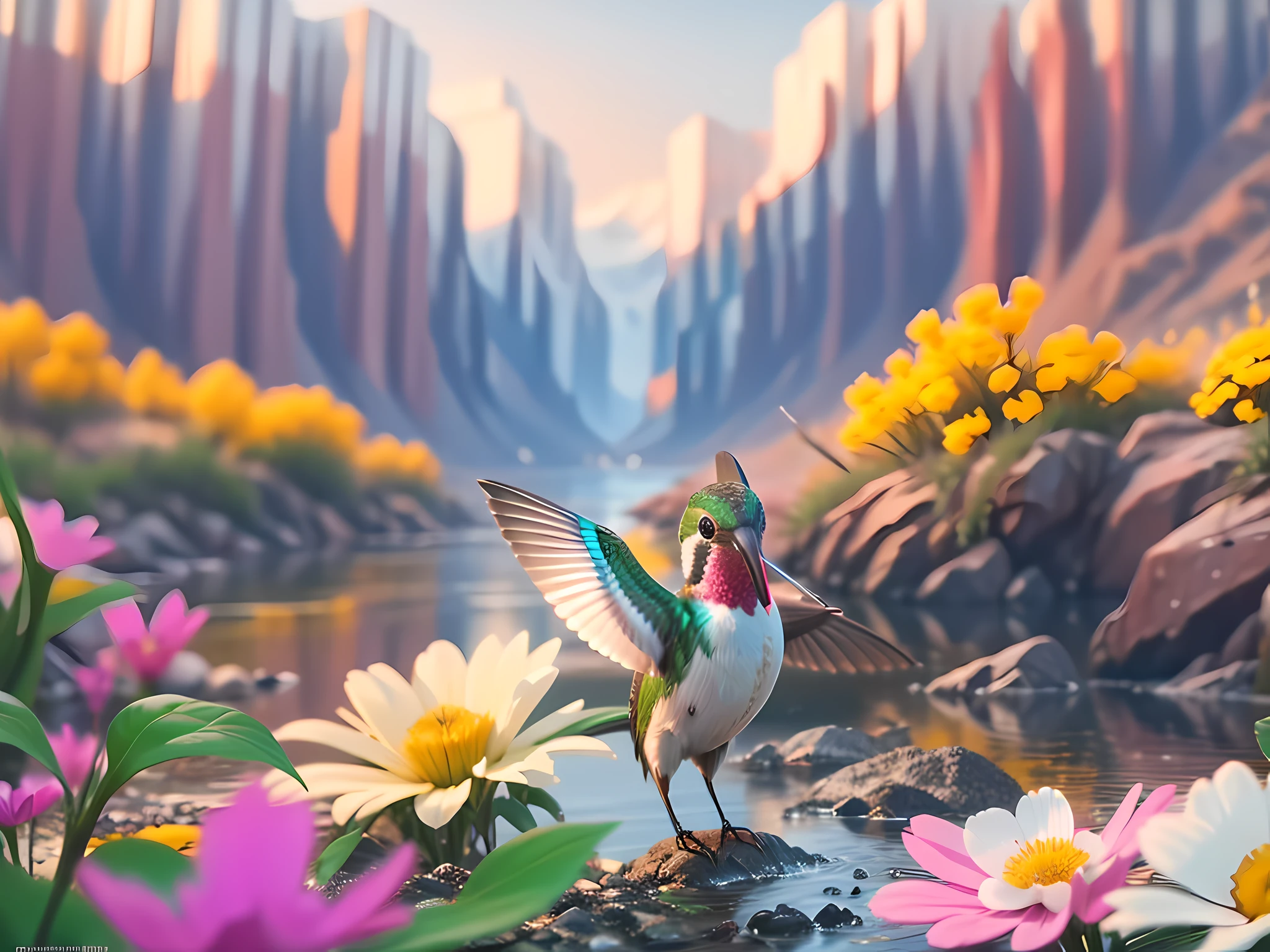 create a hummingbird with lush and majestic colors by drinking water next to flowers never seen before, Realism, cinematic lighting, film grain, Fujicolor, multiple monochrome, speed lines, optical illusion, Sony FE GM, Canon, Fujifilm, Sony FE, Hasselblad, 16k, high details, high quality, super detail, best quality