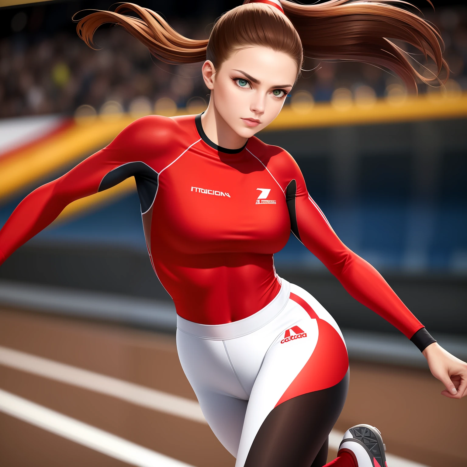 (dramatic illumination, dynamic angle, intense color contrast), [(young woman with brown hair in ponytail,  brown eyes: 1.2), (running on track: 1.2), (wearing red and white compression top, black tights: 1.1), (outside on track and field: 1.1)],