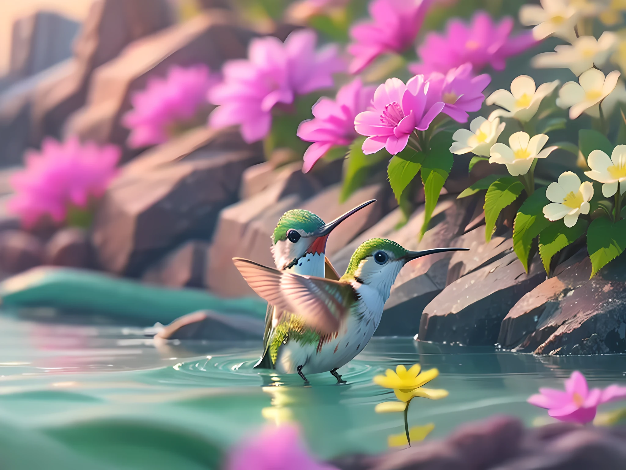 create a hummingbird with lush and majestic colors by drinking water next to flowers never seen before, Realism, cinematic lighting, film grain, Fujicolor, multiple monochrome, speed lines, optical illusion, Sony FE GM, Canon, Fujifilm, Sony FE, Hasselblad, 16k, high details, high quality, super detail, best quality