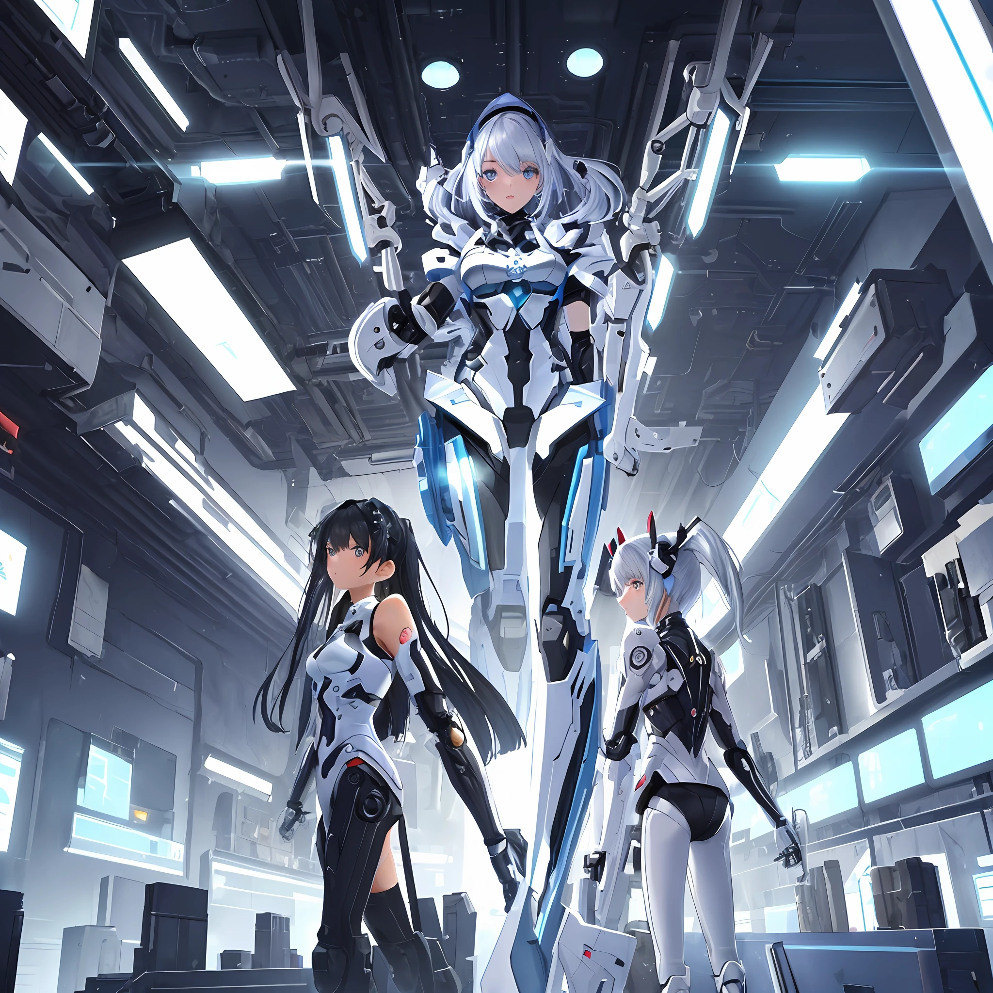 (transcendent beautiful multiple girls:1.5), BREAK, absurdres, very precise detailed, extremely detailed 8K wallpaper, (detailed and beautiful eyes:1.2), BREAK, bodysuit,(group shot:1.5),(machine made joints, machanical limbs:1.2), five fingers, dynamic angle, yuri, futuristic world, cyber punk,