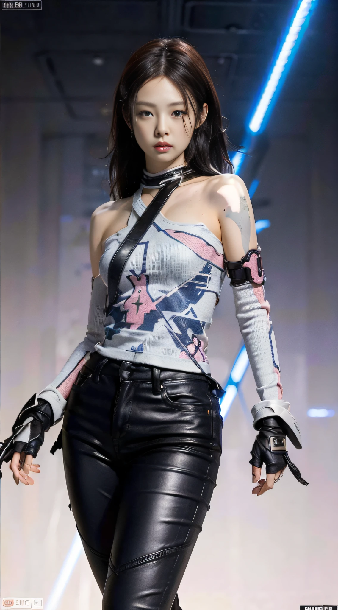 (1girl:1.3), Solo, __body-parts__, Kim Ji-ni Jennie Face, Marvel Style, Hero Characters, Future Battleship, Ruins Breakage, Laser, Full Body Shot, Mecha Top, Leather Pants, Pistol, Gray-Black Tone, 8K Resolution Image, Intricate Symmetry Details. The whole picture is invincible and heroic, mainly a complete picture of a woman standing all over her body, with smooth movements and a confident expression