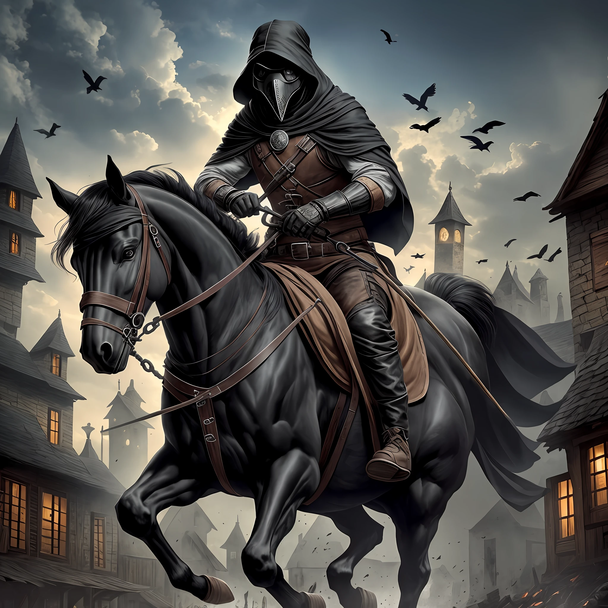 Muscular Plague Doctor Riding a Black Horse in a haunted village , Realista, Full HD, melhor qualidade