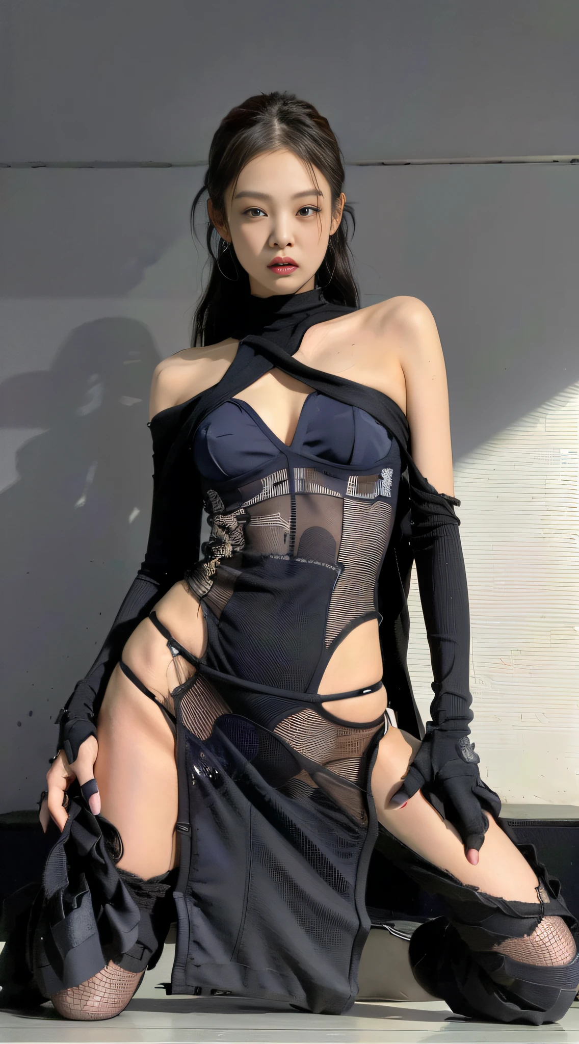 (1girl:1.3), Solo, __body-parts__, Kim Ji-ni Jennie Face, Marvel Style, Knitted Deconstructed Top, Hero Characters, Ruins, Full Body Shot, Gray-Black Tone, 8K Resolution Image, Intricate Symmetrical Details. The whole picture is invincible and heroic, mainly a complete picture of a woman standing all over her body, with smooth movements and a confident expression.