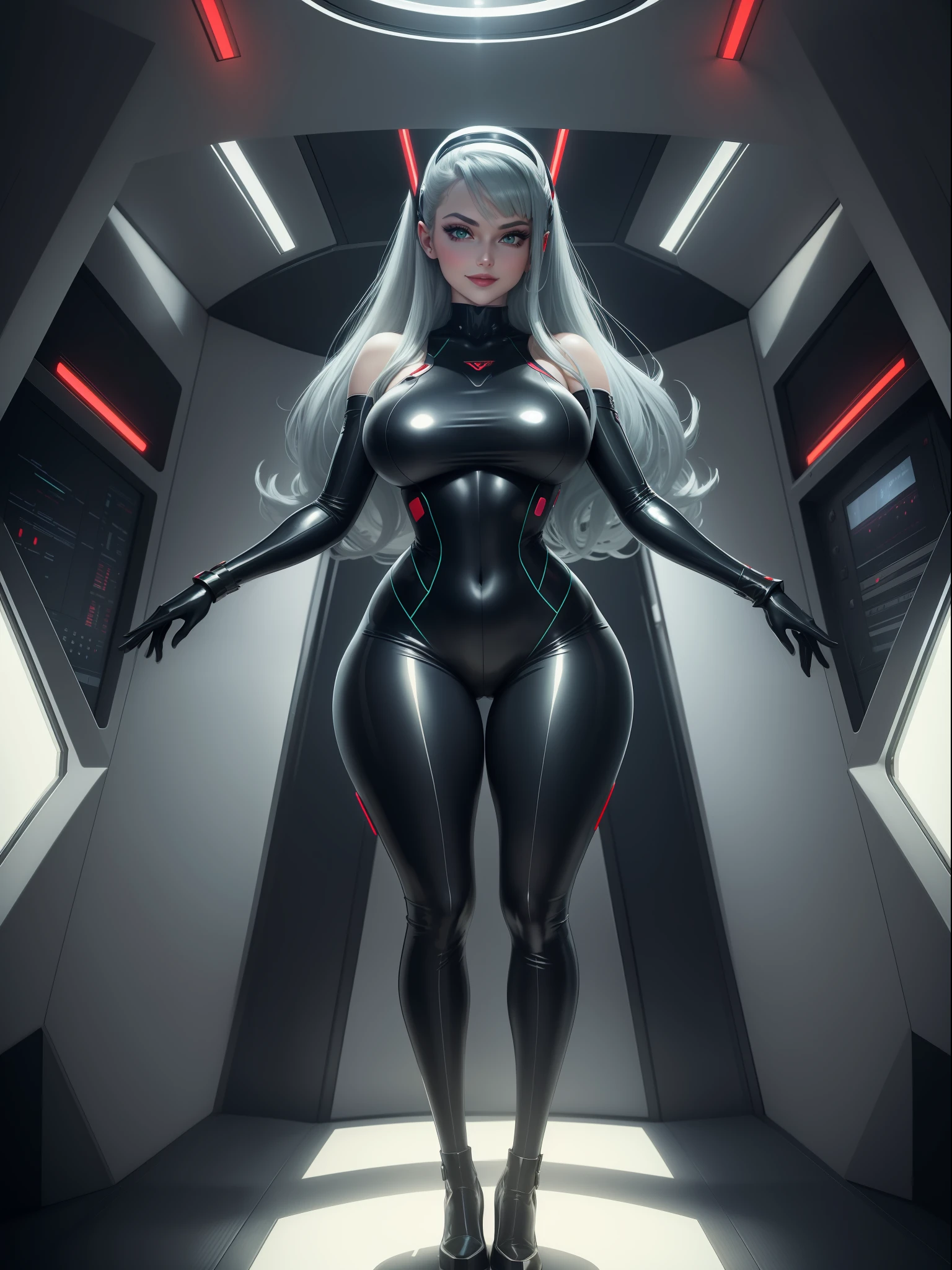 Full body image 1 Laura/Female, large breasts, wearing futuristic silver bodysuit with red accents, looking at viewer, smiling. She is inside a spaceship with several machines in operation. She has xxx hair, green eyes, is doing an exhibitionist pose, her attire is extremely tight on her body., dark blue hair, snake pupils, anime, 16k, award winning, high quality, high details, masterpiece, UHD