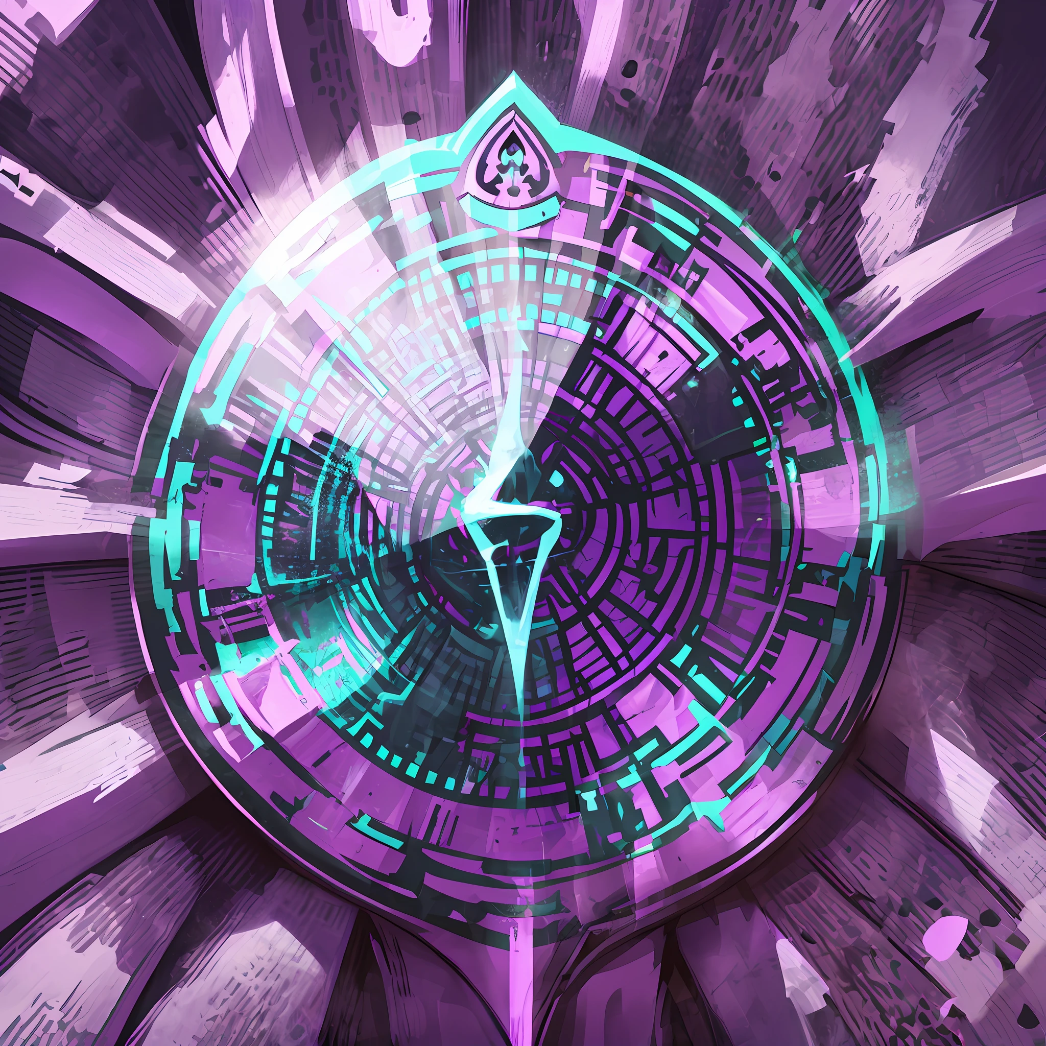 An ancient fantasy ornate key with cracks that glow purple close up very detailed which looks like it holds great primordial power