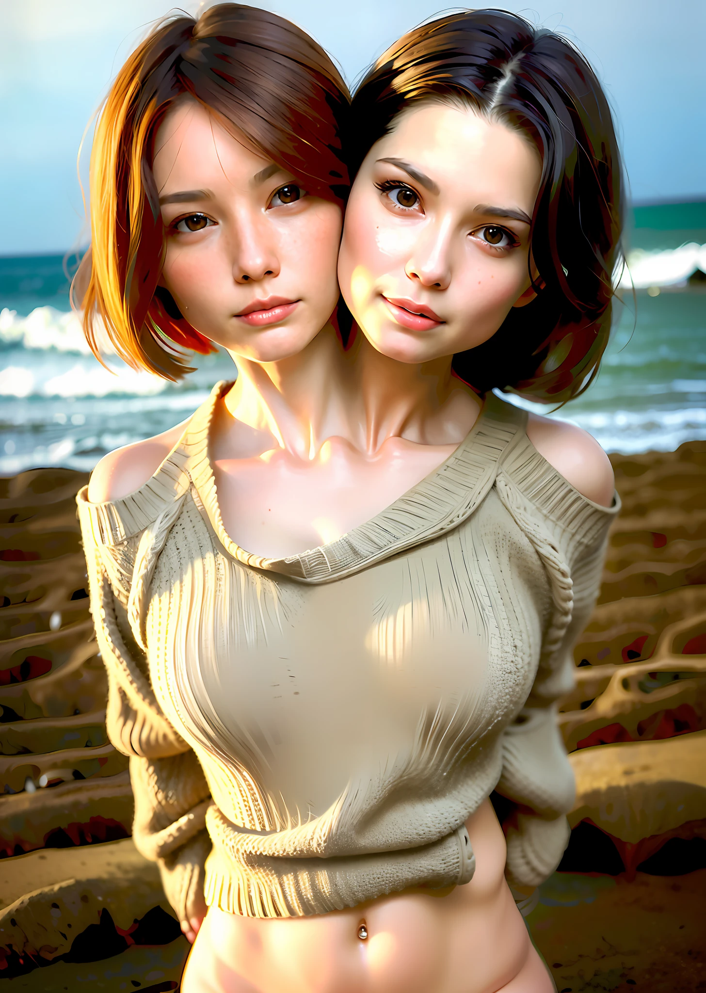 2heads, conjoined, no more than 2 heads, cheeks touching, best quality, realistic, solo, depth of field, natural lighting, daytime, alluring, beautiful face, clean, pure face, pale skin, cute, short hair, beach, sunshine,flat chest, tiny breast,naked, full body, ((sweater, undressing, beautfully face)),