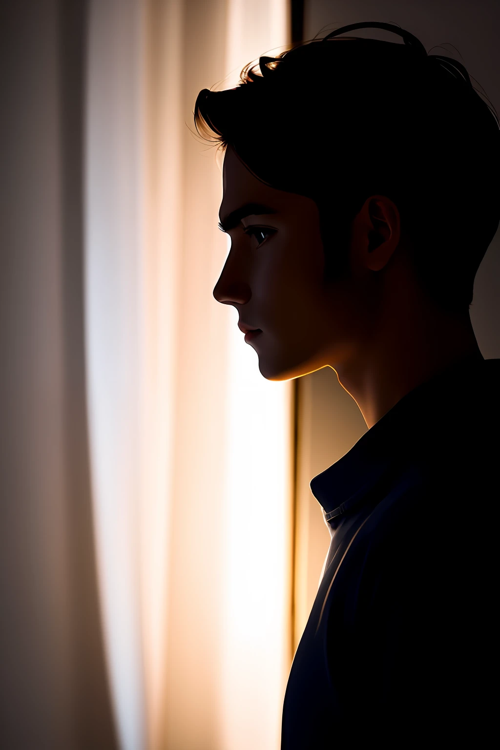A room without light and a close-up of a person with a lamp in hand illuminating only the person's profile