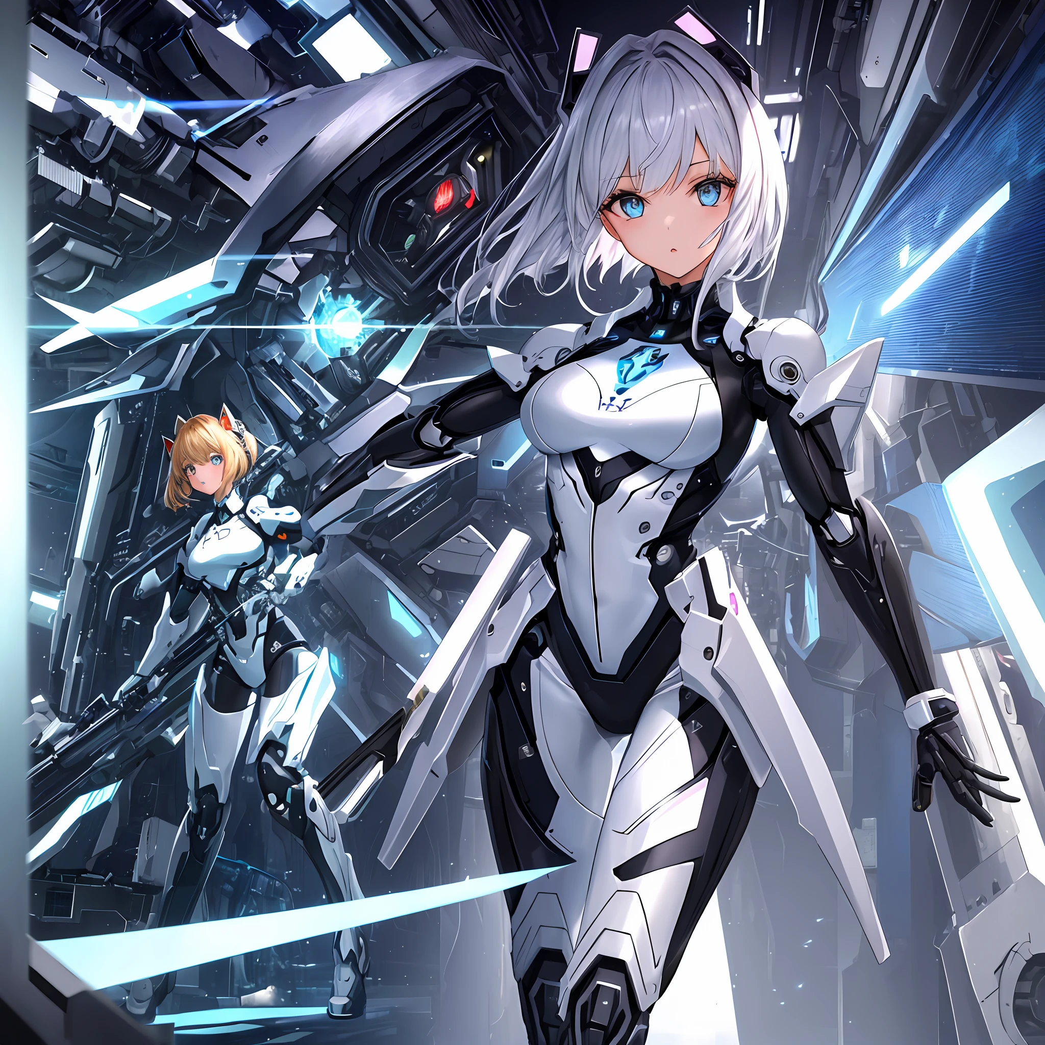 absurdres, very precise detailed, extremely detailed 8K wallpaper, BREAK, (transcendent beautiful multiple girls:1.5), (detailed and beautiful eyes:1.2), BREAK, bodysuit,(group shot:1.5),(machine made joints, machanical limbs:1.2), five fingers, dynamic angle, yuri, futuristic world, cyber punk,