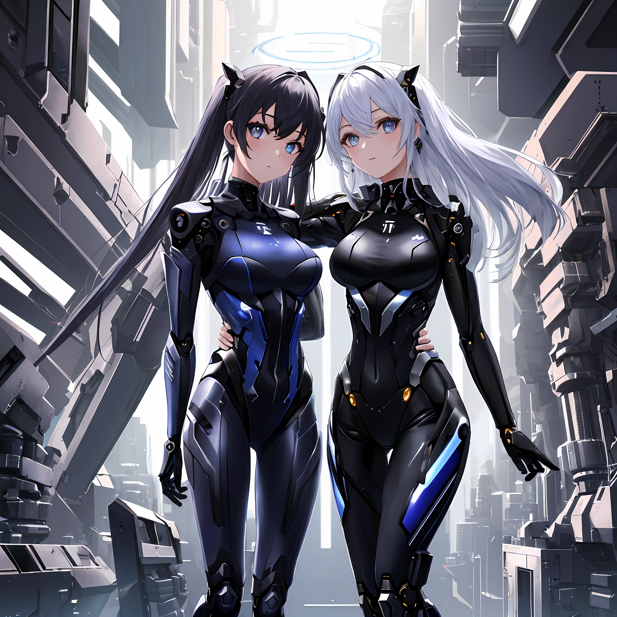 absurdres, very precise detailed, extremely detailed 8K wallpaper, BREAK, (transcendent beautiful multiple girls:1.5), (detailed and beautiful eyes:1.2), BREAK, bodysuit,(group shot:1.5),(machine made joints, machanical limbs:1.2), five fingers, dynamic angle, yuri, futuristic world, cyber punk,