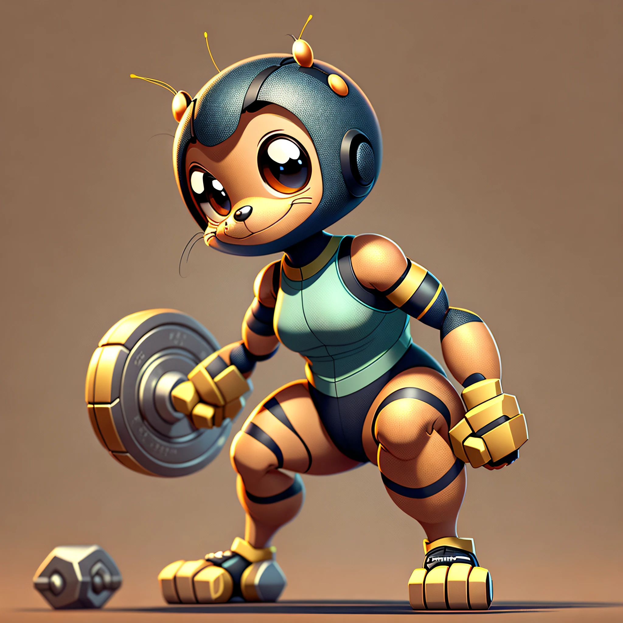 Generate a cute, hardworking and brave ant, ant, fitness cartoon character in Stable Diffusion, (ant) fitness cartoon character, small and delicate, big eyes titled "cute" and "hardworking" respectively. Wear a set of tights or sportswear and add props such as dumbbells and beer bottles to highlight the fitness element. --auto --s2
