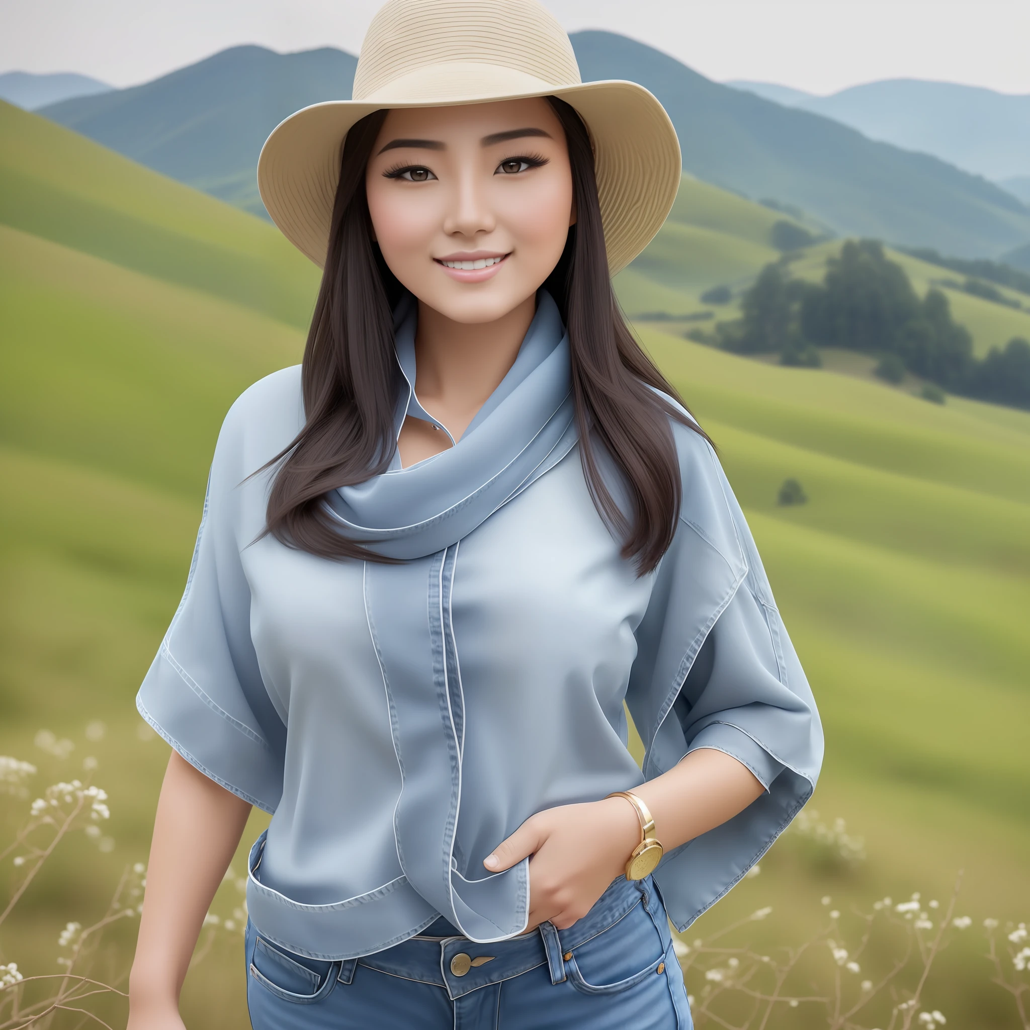 A beautiful Asian Chinese professional woman, (masterpiece: 1.4), (8k, realistic, RAW photo, best quality: 1.4), (1 girl), beautiful face, face close-up, charming goose egg face, (realistic face: 1.4), (detailed face: 1.4), exquisite and perfect facial features, wearing accessories, smile,
(black smooth hair: 1.3), collarbone, light makeup,
Charming big eyes, (double eyelids: 1.3), hooked eyes, looking at the camera,
(32G transparent cup: 1.4), (realistic skin: 1.3), smooth skin, super high resolution, super realistic, (golden ratio: 1.4),
Soft curved shape, highest precision, slightly chubby body, precise and perfect human body structure, sexy body, (hips: 1.3), realistic, (wearing denim short sleeves, white bra, shawl purple scarf, jeans shorts: 1.4),
herding sheep on the hillside, (full body photo), --auto --s2