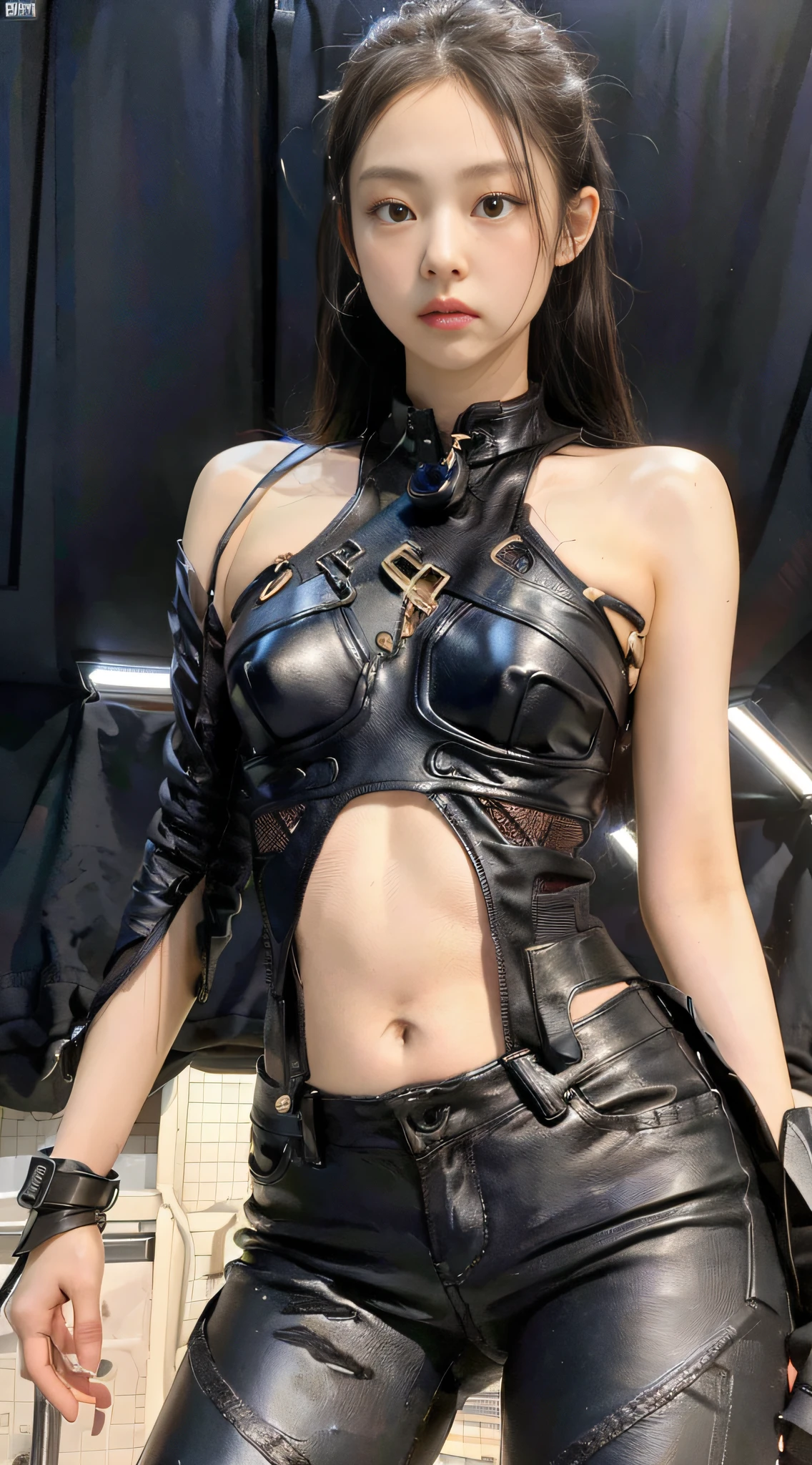 (1girl:1.3), Solo, __body-parts__, Kim Ji-ni Jennie Face, Marvel Style, Hero Characters, Future Battleship, Ruins Breakage, Laser, Mech Top, Leather Pants and Shorts, Motorcycle, Gray and Black Tones, 8K Resolution Image, Intricate Symmetry Details. The whole picture is invincible and heroic, mainly a complete picture of a woman standing all over her body, with smooth movements and a confident expression