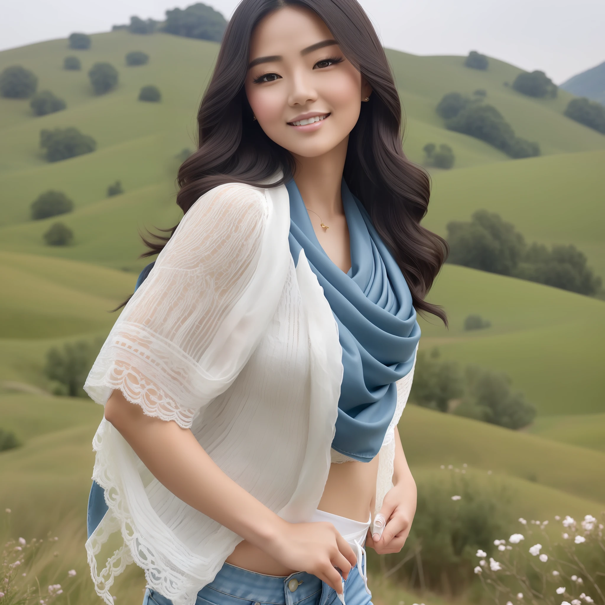 A beautiful Asian Chinese professional woman, (masterpiece: 1.4), (8k, realistic, RAW photo, best quality: 1.4), (1 girl), beautiful face, face close-up, charming goose egg face, (realistic face: 1.4), (detailed face: 1.4), exquisite and perfect facial features, wearing accessories, smile,
(black smooth hair: 1.3), collarbone, light makeup,
Charming big eyes, (double eyelids: 1.3), hooked eyes, looking at the camera,
(32G transparent cup: 1.4), (realistic skin: 1.3), smooth skin, super high resolution, super realistic, (golden ratio: 1.4),
Soft curved shape, highest precision, slightly chubby body, precise and perfect human body structure, sexy body, (hips: 1.3), realistic, (wearing denim short sleeves, white bra, shawl purple scarf, jeans shorts: 1.4),
herding sheep on the hillside, (full body photo), --auto --s2