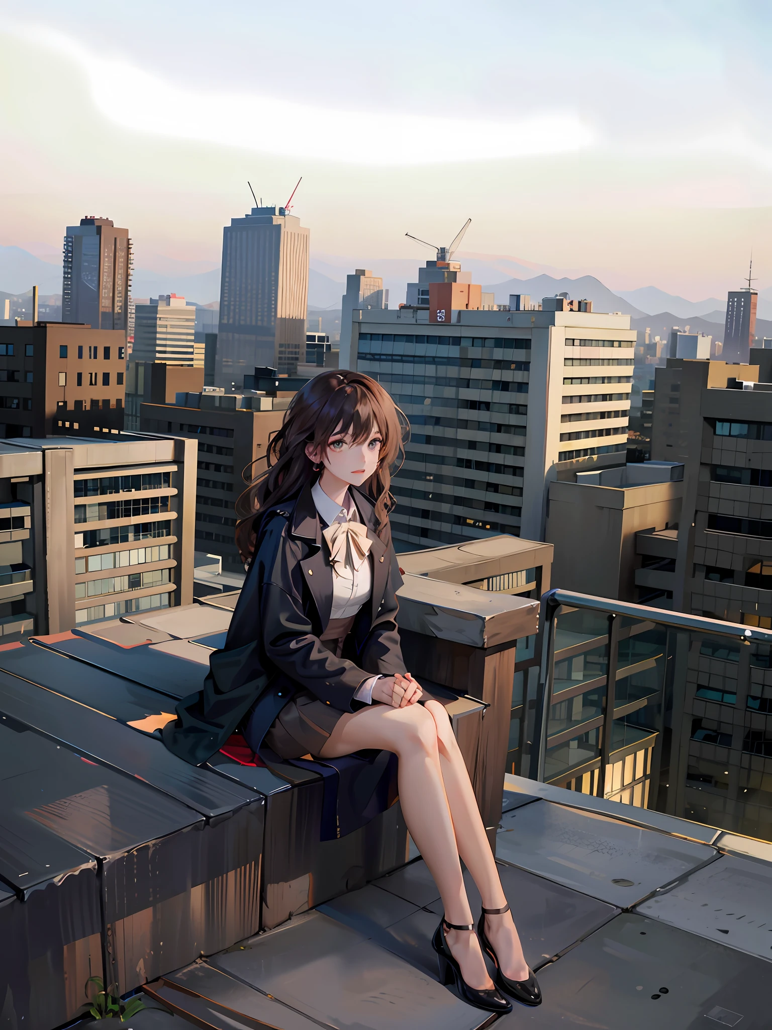 Araved woman sitting on a chair on the roof with a view of the city, sitting on the roof, on the roof, Sand Creek, sitting on a fancy chair, sitting on the roof of a skyscraper