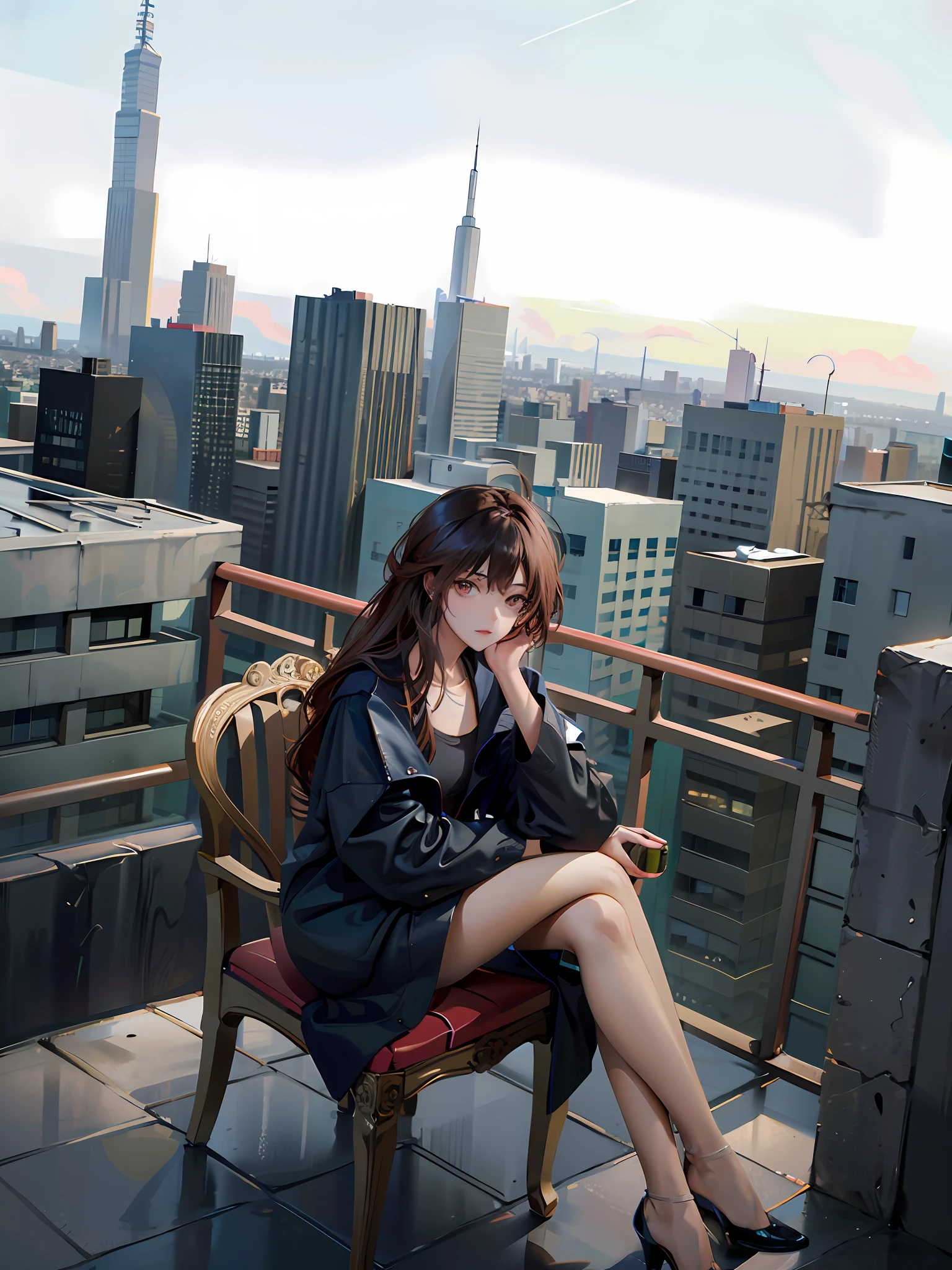 Araved woman sitting on a chair on the roof with a view of the city, sitting on the roof, Sand Creek, sitting on a fancy chair, sitting on the roof of a skyscraper