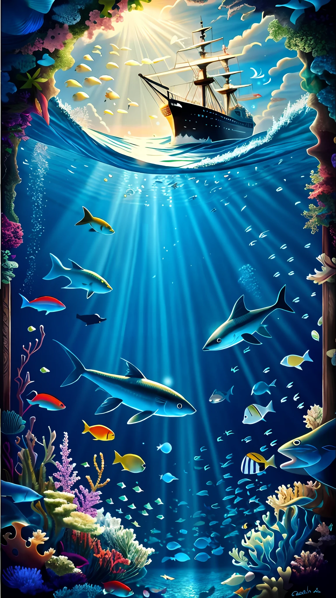 There is a painting that depicts a ship in the ocean with many fish, fish details Eyes incredible depth, amazing depth, masterpiece underwater scene, seabed, deep sea landscape, underwater environment, moonlight fisheye illustrator, underwater scene, underwater scene, seabed, deep sea picture, underwater landscape, magical ocean, ocean depth, fantasy ocean landscape, deep underwater scene