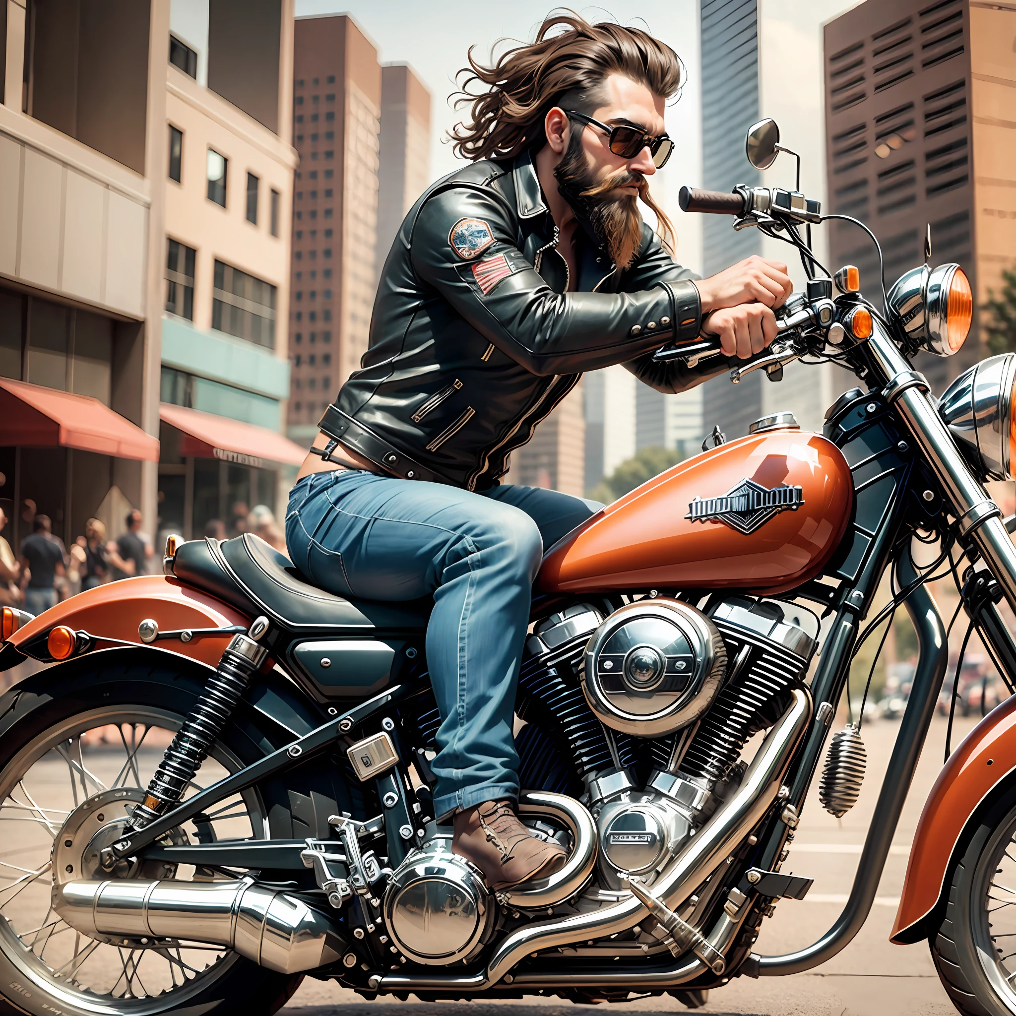 bearded man on a Harley-Davidson motorcycle, serious, elegant, highly detailed, sharp focus, 3d, photorealistic, film photography --auto --s2