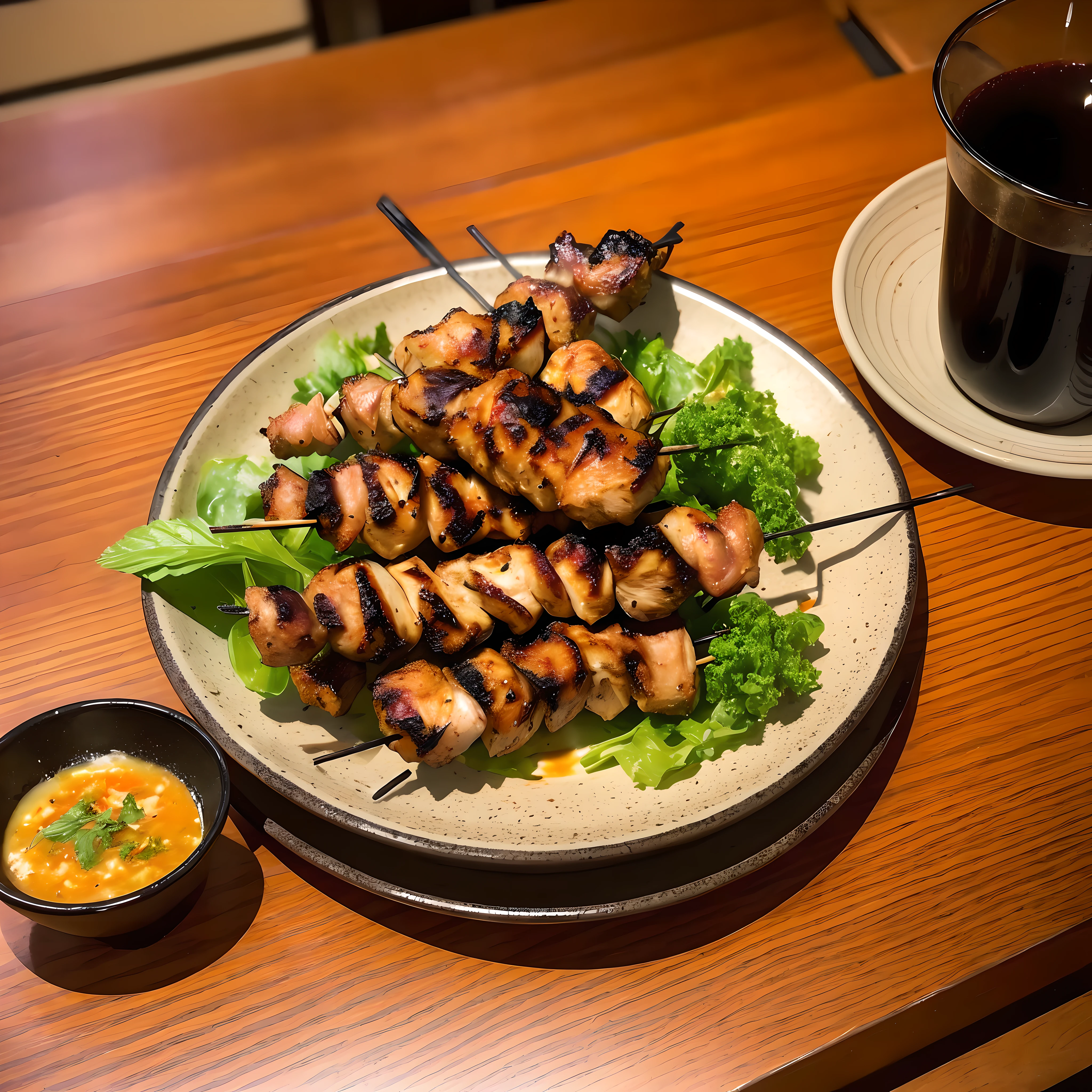 (Realistic)+, (Masterpiece)1.3, (Photos)++, Professional Photographer,(Yakitori)1.4, Yakitori on a plate,Yakitori dish platter,Leekima, Liver, Skin, Chicken on skewers, Yakitori,(Steamed)1.2,Smoke,Hot,????????,?????????,