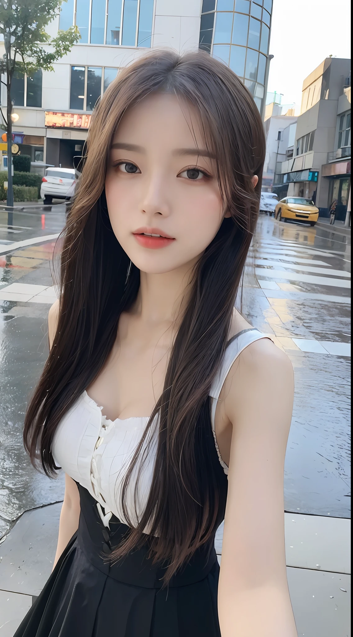 ((Best Quality, 8k, Masterpiece: 1.3)), Focus: 1.2, Perfect Body Beauty: 1.4, Buttocks: 1.2, (Layered Haircut: 1.2)), (Rain, Street:1.3), Highly detailed face and skin texture, Fine eyes, Double eyelids, Whitening skin, Long hair, (Round face: 1.5), sweet_lolita