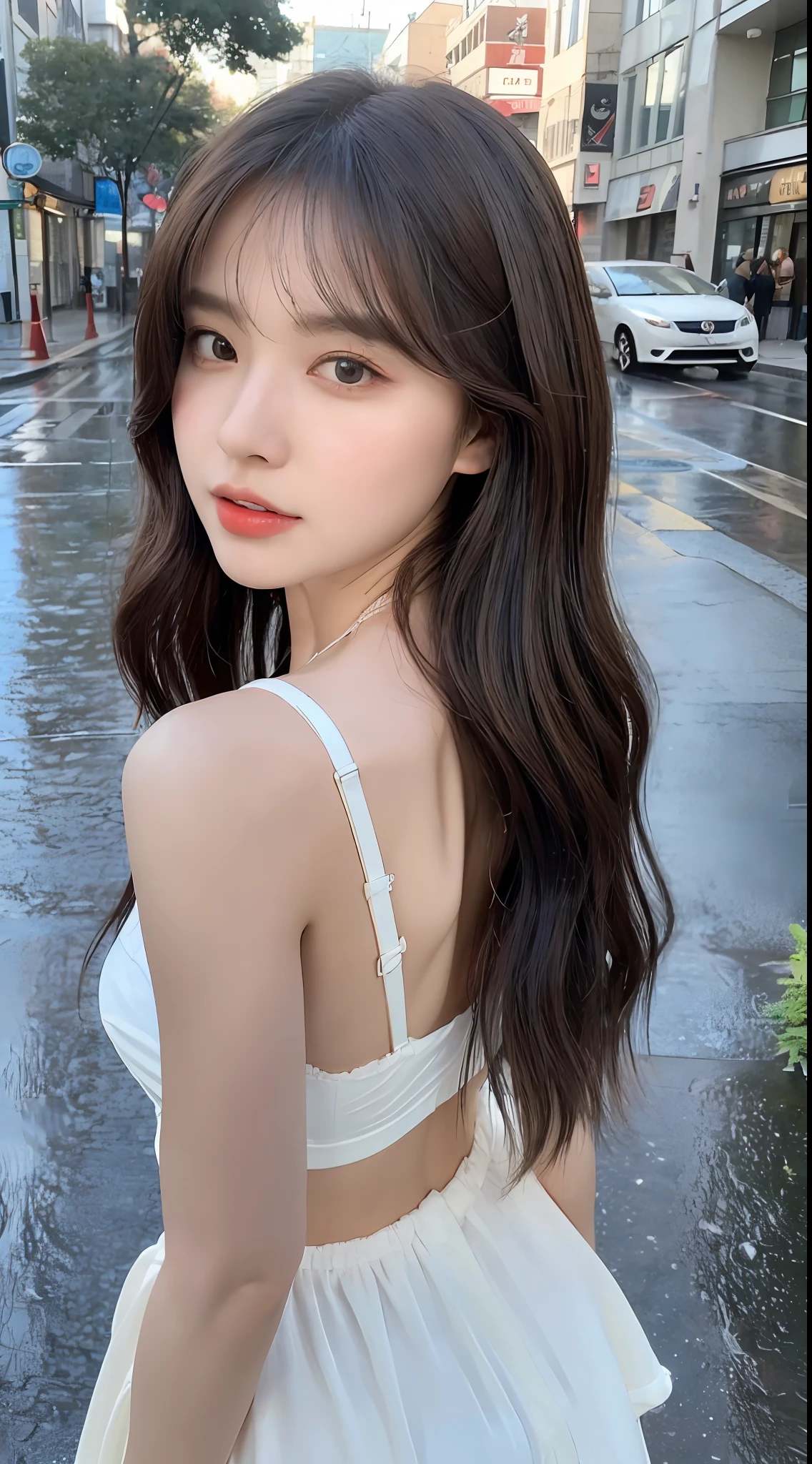 ((Best Quality, 8k, Masterpiece: 1.3)), Focus: 1.2, Perfect Body Beauty: 1.4, Buttocks: 1.2, (Layered Haircut: 1.2)), (Rain, Street:1.3), Highly detailed face and skin texture, Fine eyes, Double eyelids, Whitening skin, Long hair, (Round face: 1.5), sweet_lolita