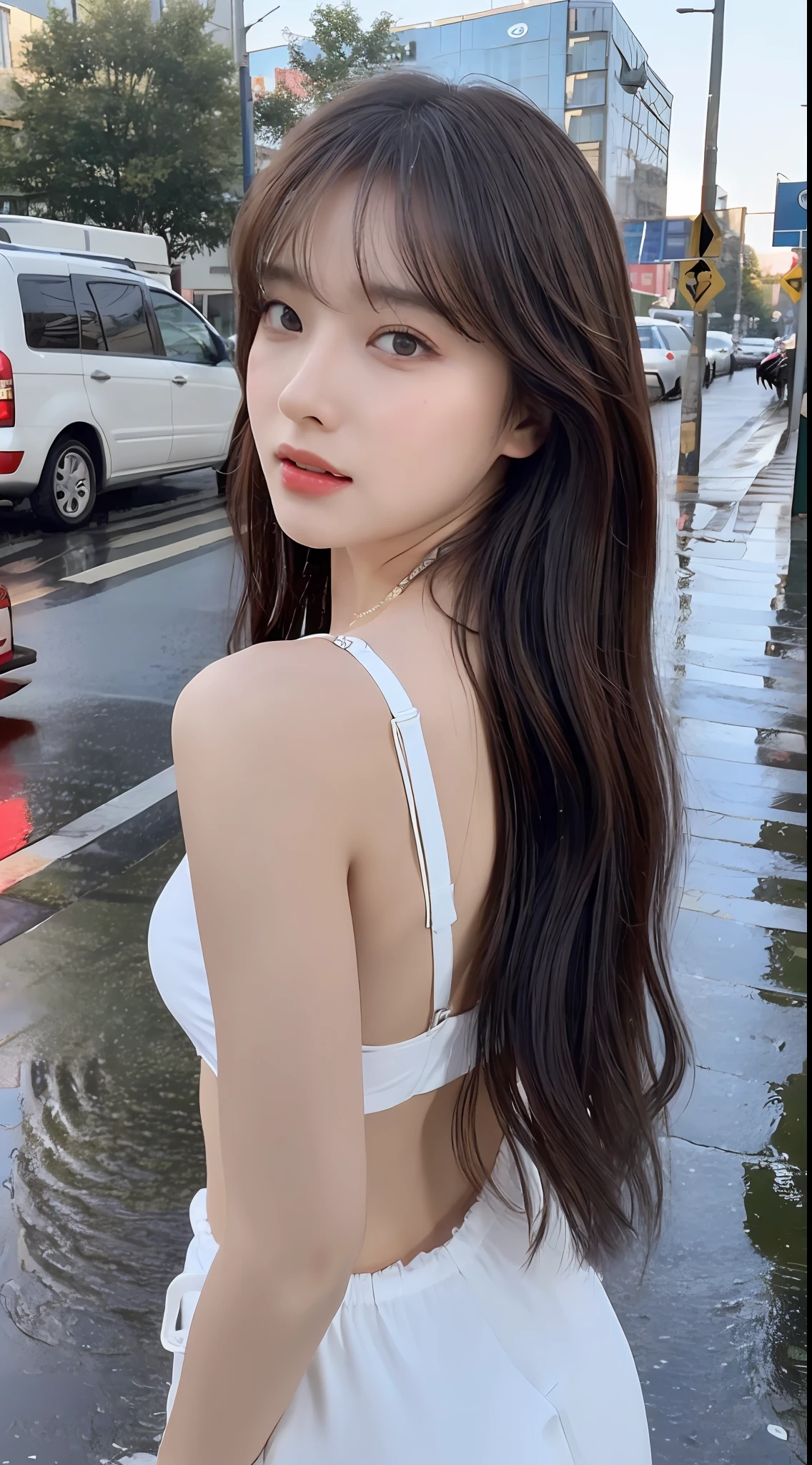 ((Best Quality, 8k, Masterpiece: 1.3)), Focus: 1.2, Perfect Body Beauty: 1.4, Buttocks: 1.2, (Layered Haircut: 1.2)), (Rain, Street:1.3), Highly detailed face and skin texture, Fine eyes, Double eyelids, Whitening skin, Long hair, (Round face: 1.5), sweet_lolita