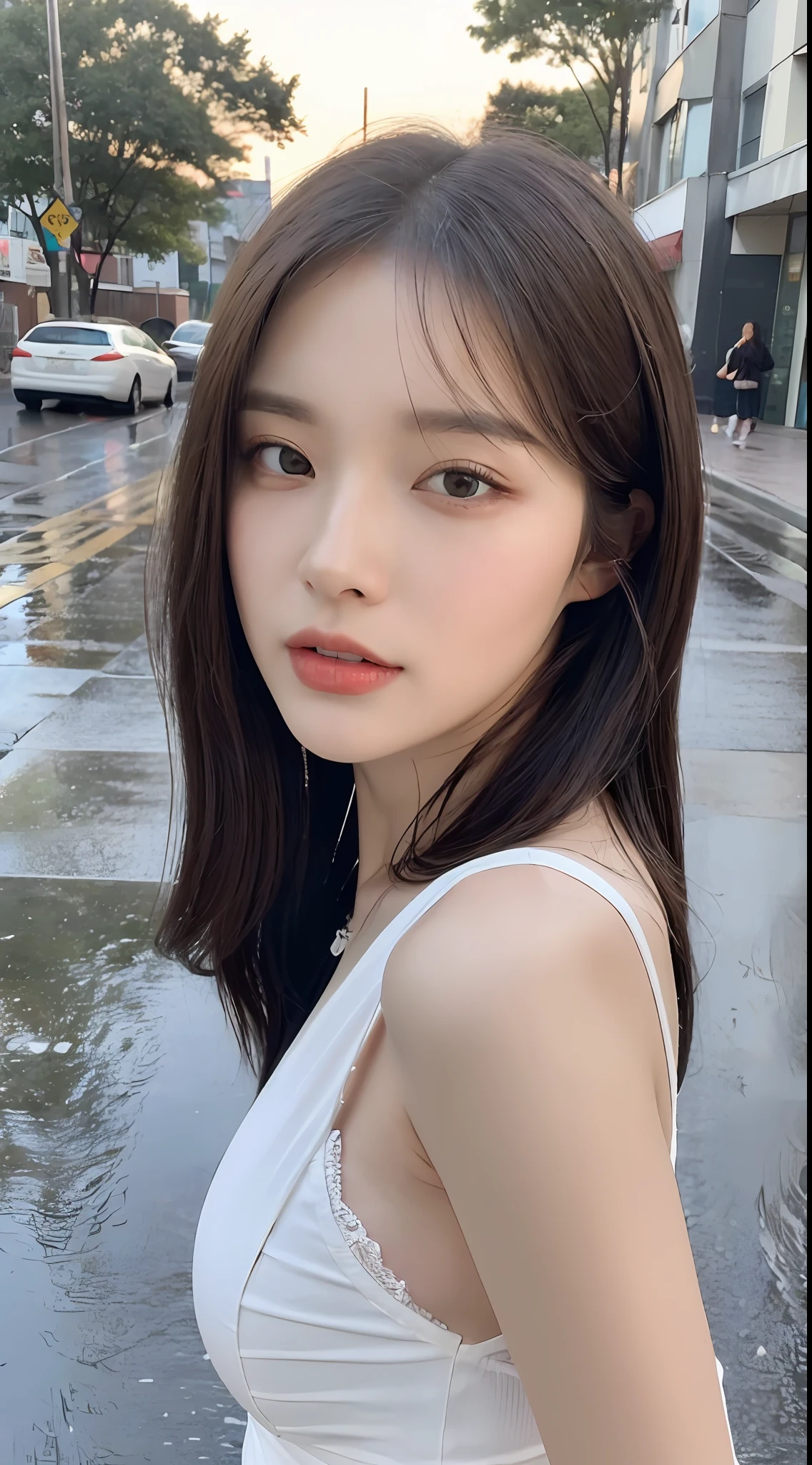 ((Best Quality, 8k, Masterpiece: 1.3)), Focus: 1.2, Perfect Body Beauty: 1.4, Buttocks: 1.2, (Layered Haircut: 1.2)), (Rain, Street:1.3), Highly detailed face and skin texture, Fine eyes, Double eyelids, Whitening skin, Long hair, (Round face: 1.5), sweet_lolita