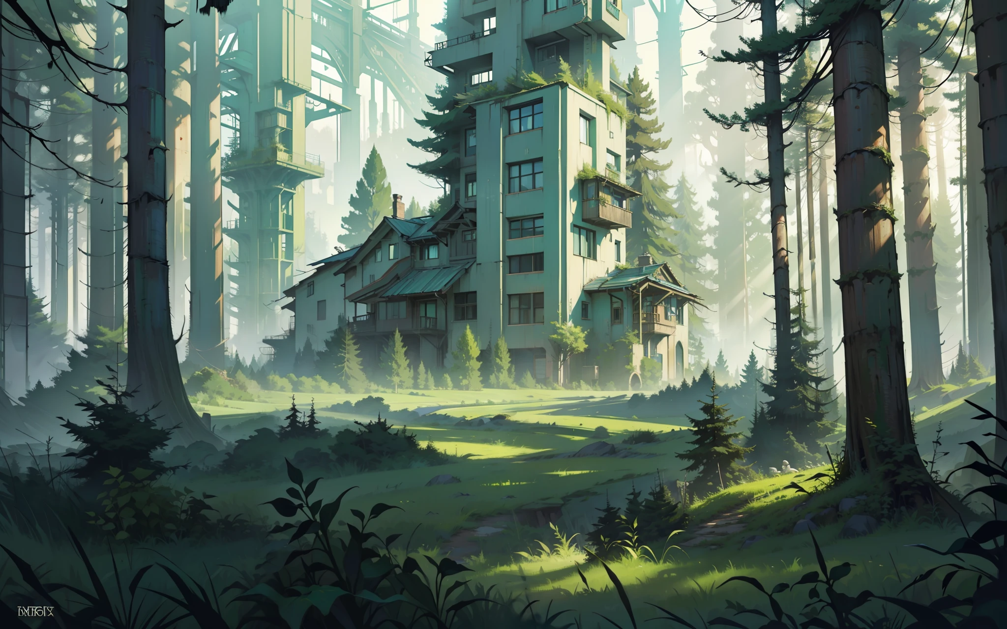 Cyberpunk, broken, there is a dense primeval forest with a lot of vintage house building pictures, cyberpunk, broken, there are a lot of stones, green lush forest background, thick tree background, large meadow, arena background, game background, exaggerated forest background, cartoon style