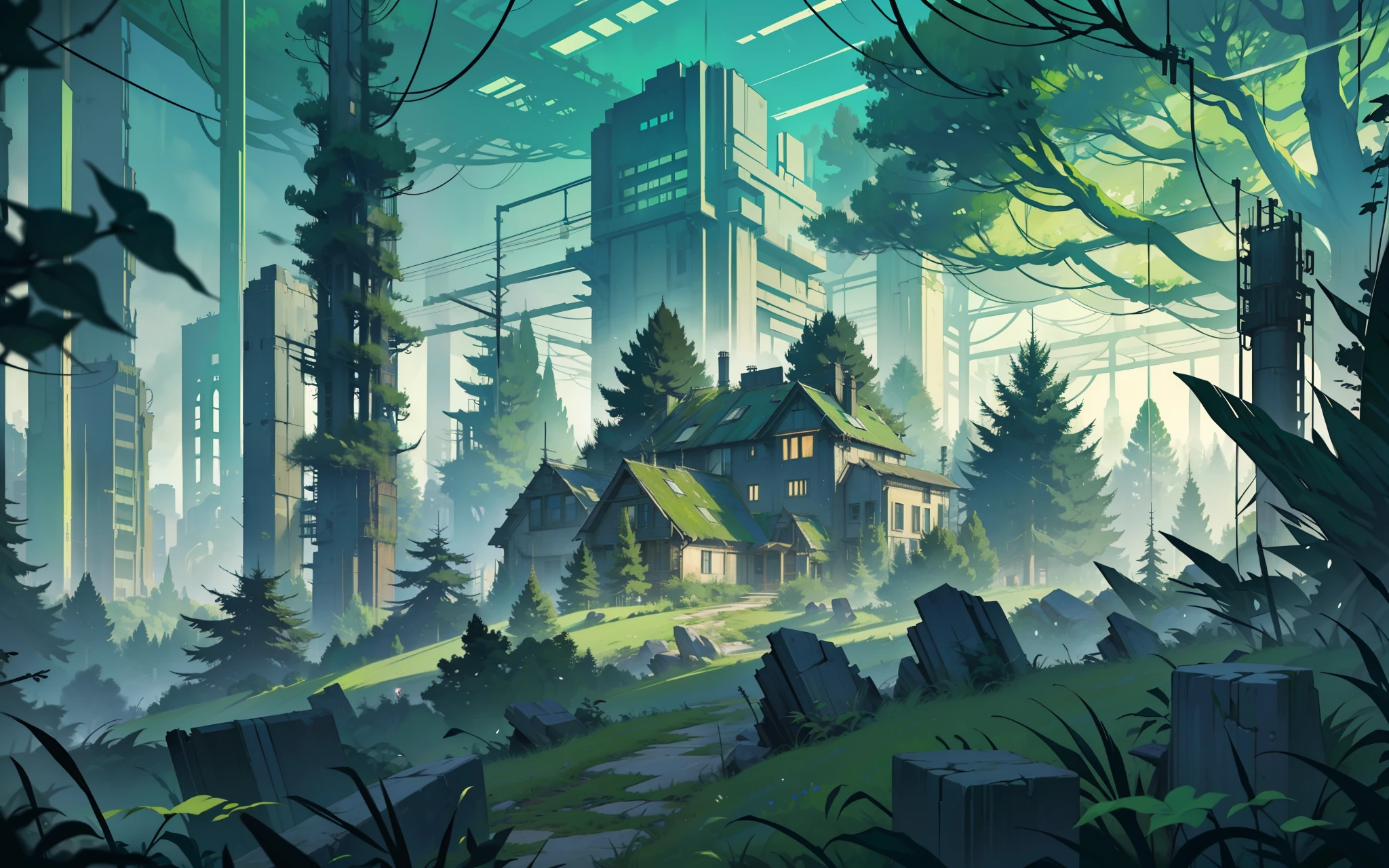 Cyberpunk, broken, there is a dense primeval forest with a lot of vintage house building pictures, cyberpunk, broken, there are a lot of stones, green lush forest background, thick tree background, large meadow, arena background, game background, exaggerated forest background, cartoon style
