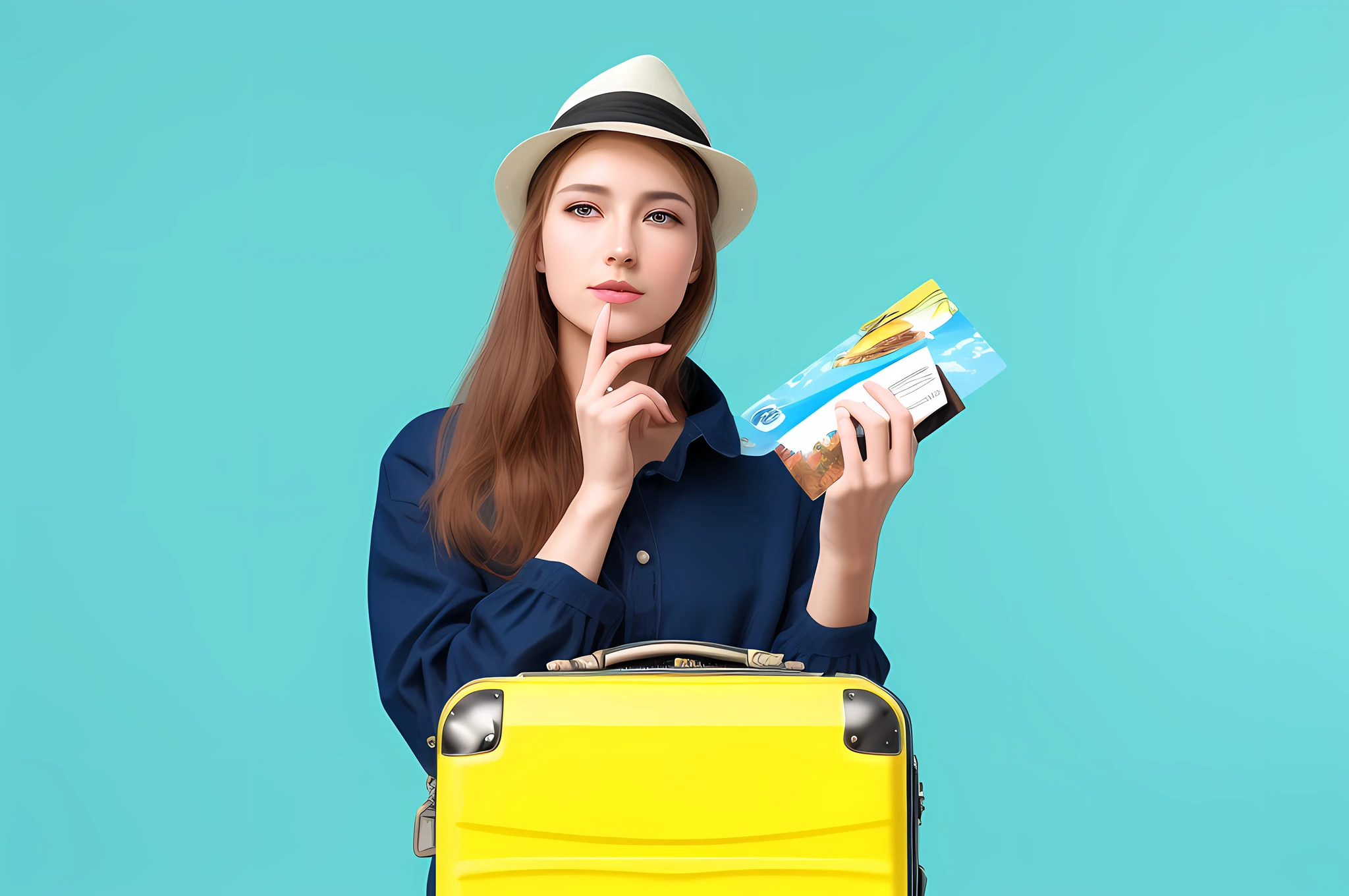 Arafed woman in a hat holding a yellow suitcase and a card, color photo, wearing dirty travel clothes, wearing a travel hat, vacation photo, cool marketing photo, portrait photo, in suitcase, photo taken, travel clothes, shutterstock, lady wearing yellow dress, ad image, blue and yellow color theme, full subject shown in photo,  advertising photo, 8k, Best quality,masterpiece, ultra high res, (photo realistic:1.4), surrealism, dream-like --auto --s2