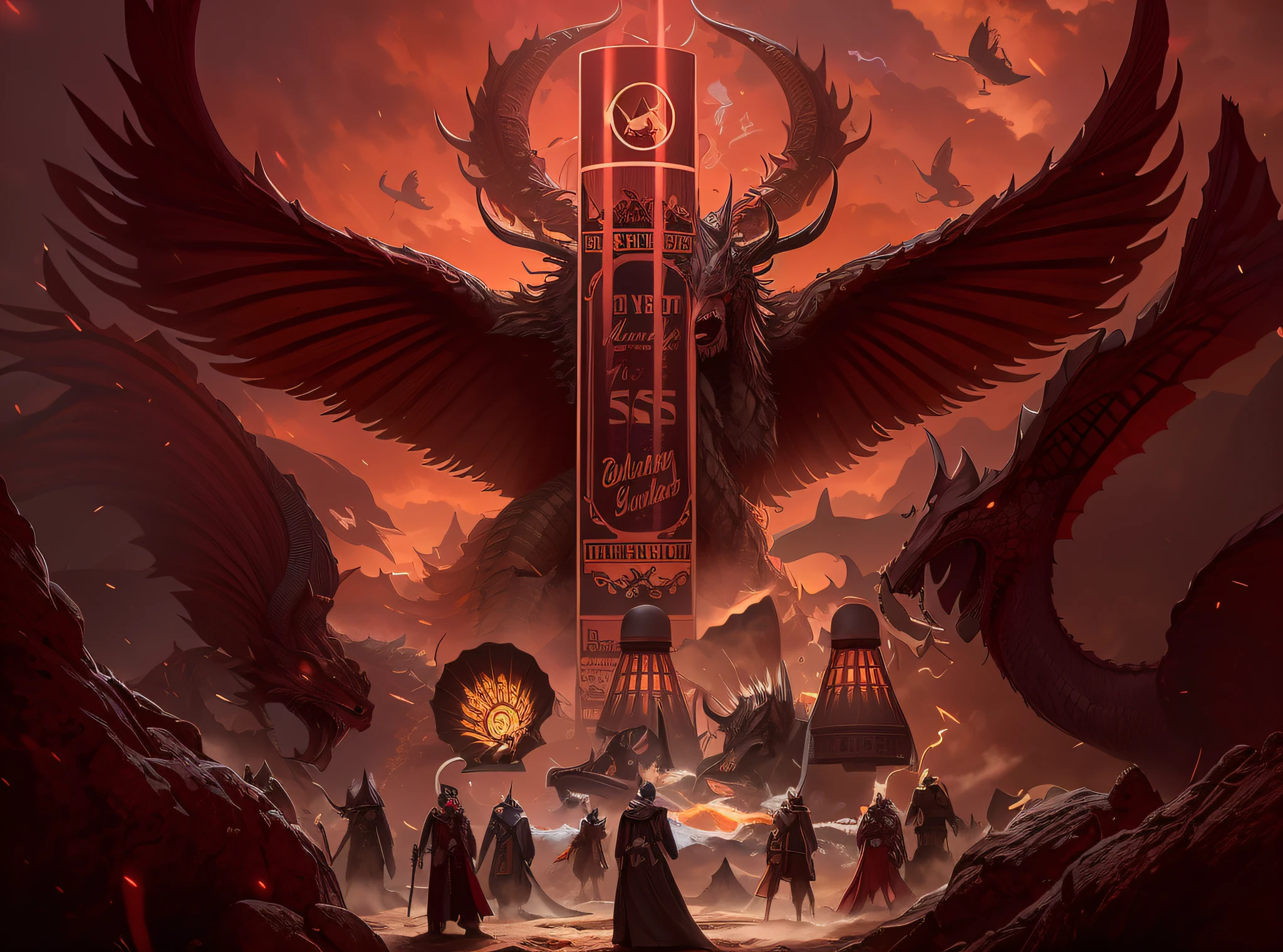 There is a brown-red poster of a group of people standing in front of a brown-red dragon, by Tadeusz Pruszkówski, by Ni Yuanlu, Fantasy Art Works, 6 6 6, 666, Artstation Award-Standing, Detailed Cover Illustration, Tuomas Korpi and WLOP, Adam Marczyński, album cover