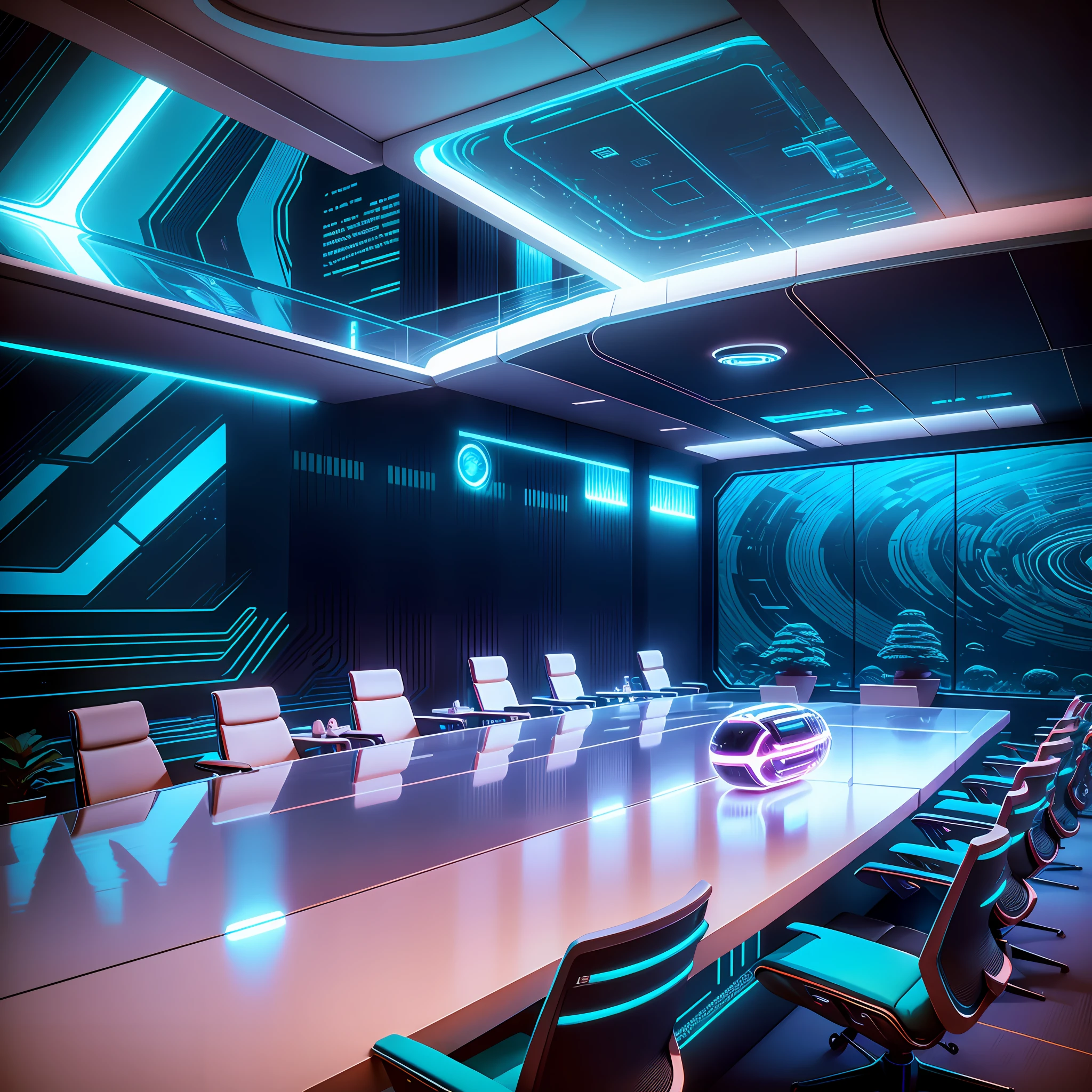 a near-future conference room in a metaverse or fictional world, wide angle lens, futuristic, Sci-fi design, Collaboration space design, High-tech furniture, Mood lighting, HQ, high quality, modern interior design, crystal, Futuristic architecture --auto --s2