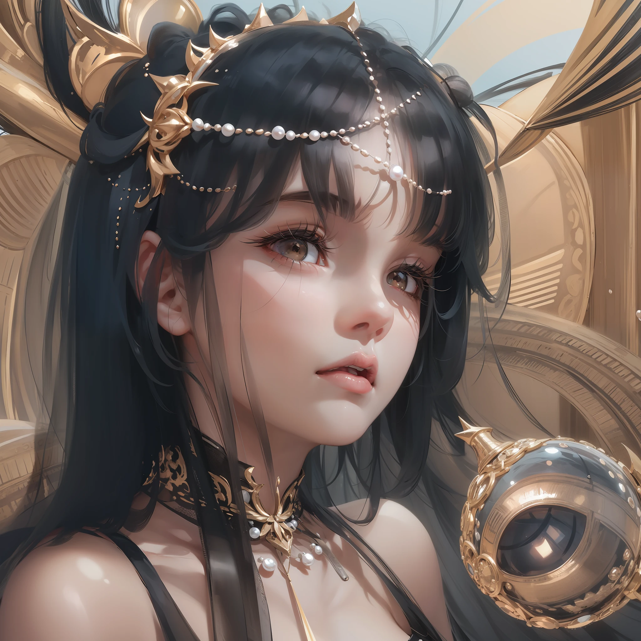 A girl with a ball head, bangs on both sides of her face, black hair, brown eyes, long eyelashes, a mole under the eyes, a pearl hairpin on her head, innocent expression, 3/4 face close-up. --auto --s2