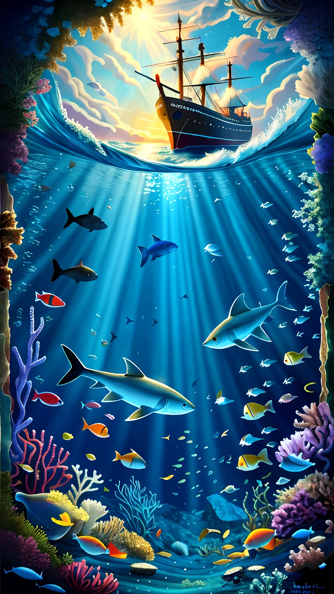 There is a painting that depicts a ship in the ocean with many fish, fish details Eyes incredible depth, amazing depth, masterpiece underwater scene, seabed, deep sea landscape, underwater environment, moonlight fisheye illustrator, underwater scene, underwater scene, seabed, deep sea picture, underwater landscape, magical ocean, ocean depth, fantasy ocean landscape, deep underwater scene