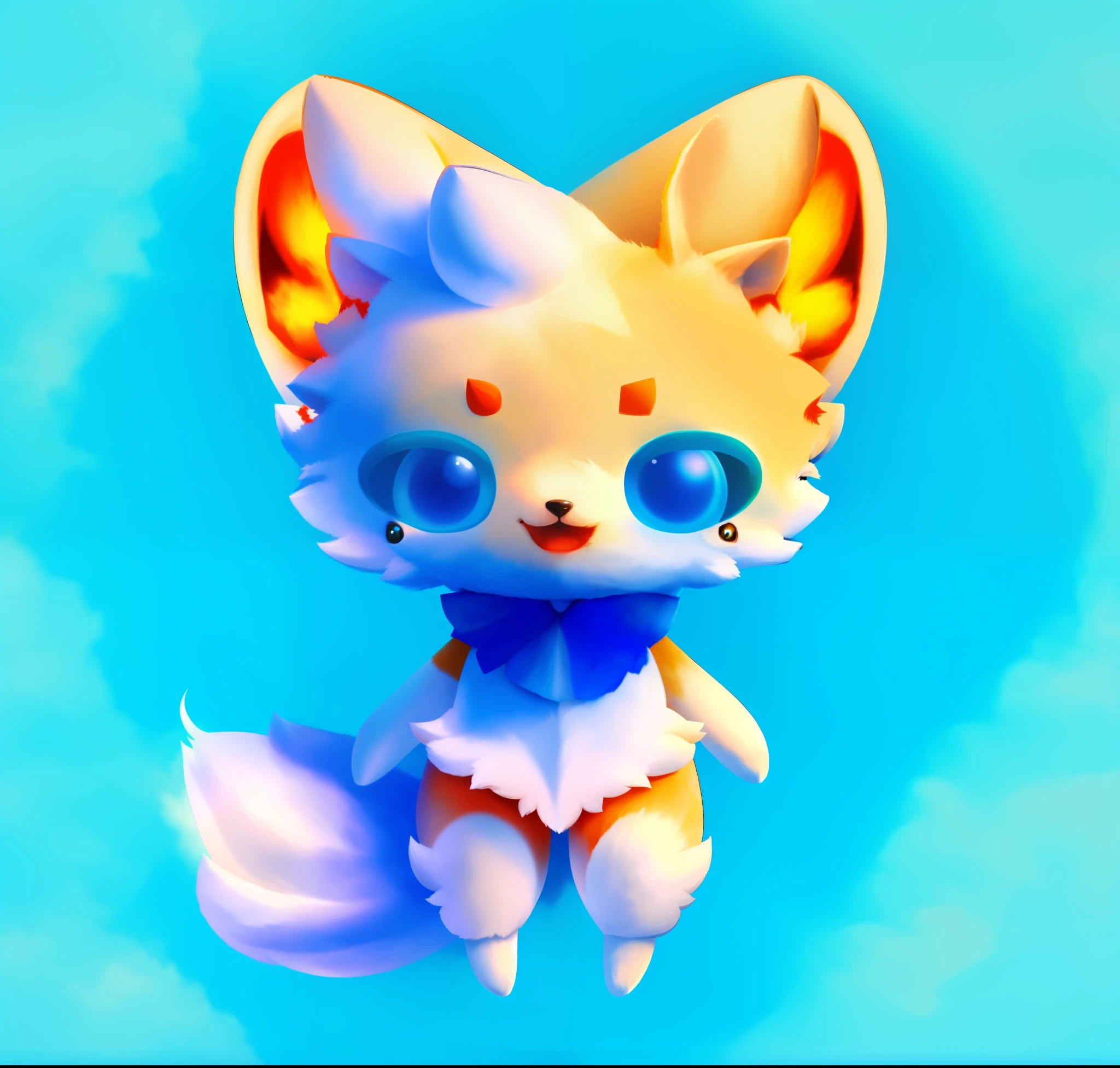 Anime drawing of white fur fox, cute character, furry character, blue eyes, white tail, white cat