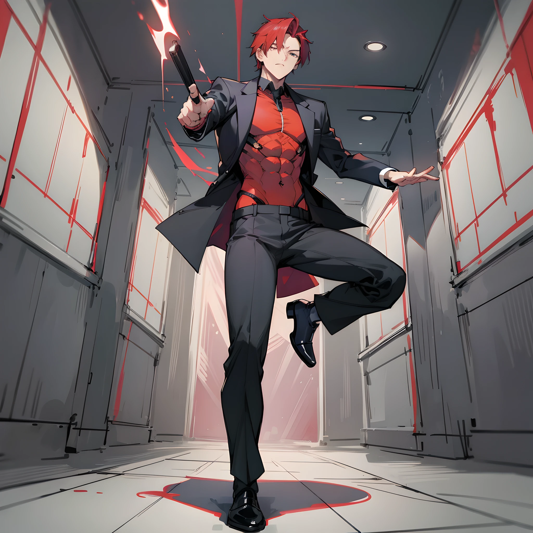 Masterpiece, shot in 8K resolution, The Man Standing Up, Spread His Legs, Red Hair, Black Suit and Pants, Glaring, (foreshortening:1.2)
