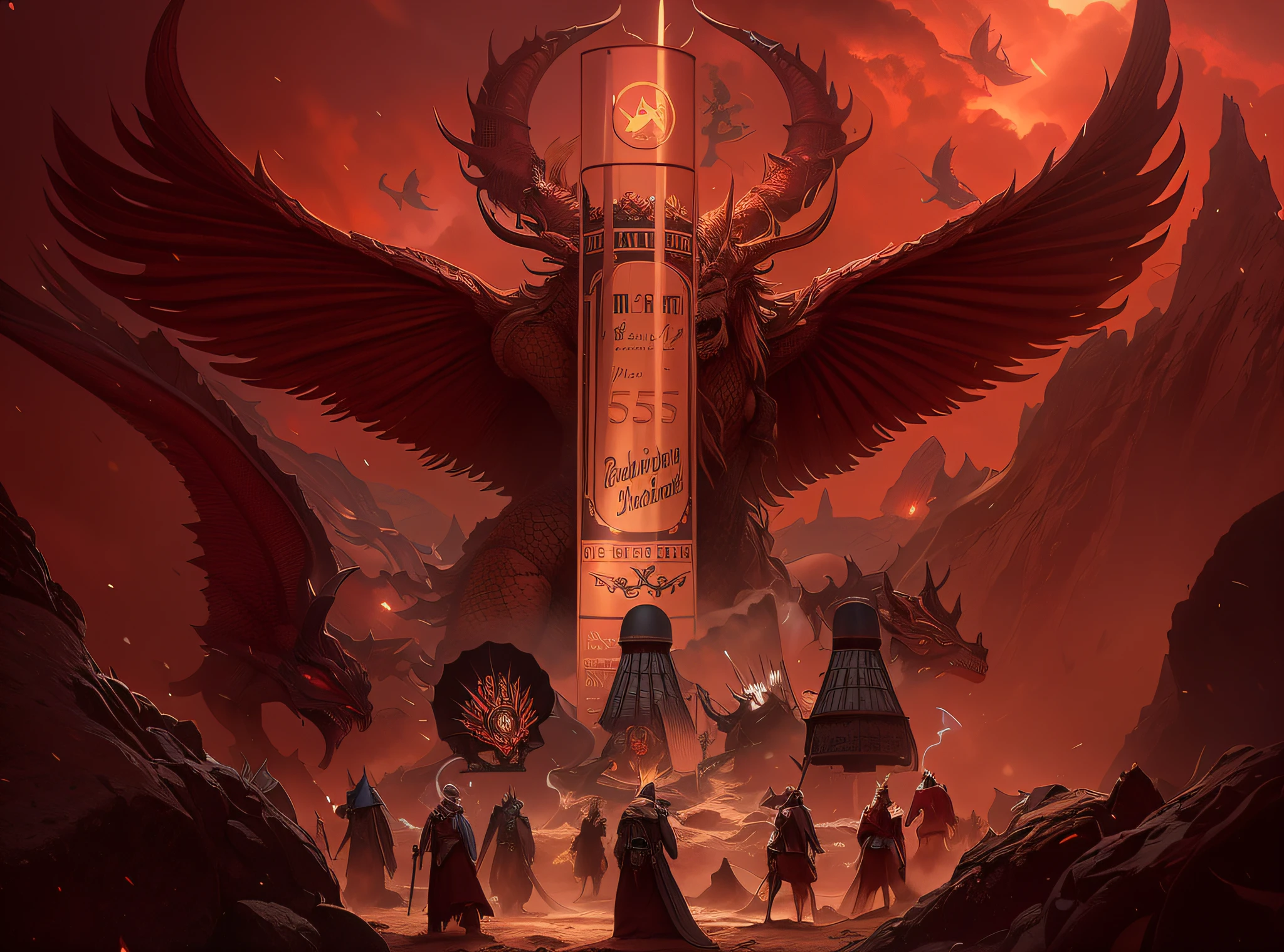 There is a brown-red poster of a group of people standing in front of a brown-red dragon, by Tadeusz Pruszkówski, by Ni Yuanlu, Fantasy Art Works, 6 6 6, 666, Artstation Award-Standing, Detailed Cover Illustration, Tuomas Korpi and WLOP, Adam Marczyński, album cover