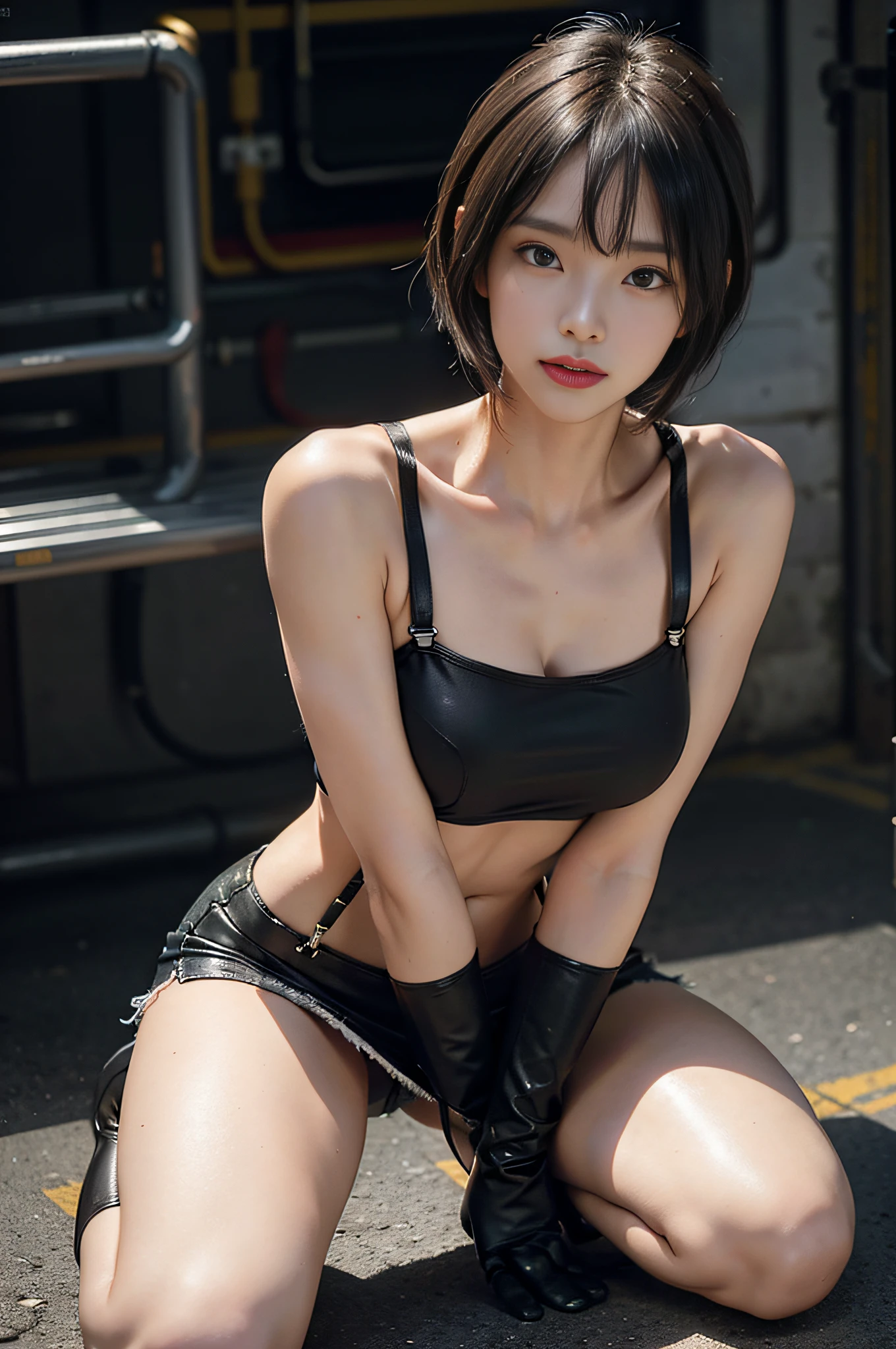 Big, kneeling, big breasts, tattered little white tank top, no bra, (black miniskirt: 1.15), (suspenders: 1.2), thick leather gloves, solo, woman, (pyoapple v1:1.05), pio apple, (parted lips, light smile), (shiny skin: 1.1), blush, (bangs)), long hair, clenched fists, duke, fighting pose, Skindentation, ((slim slender body)), (long legs), model figure, top quality, ultra high resolution, (photorealistic), (detailed face and eyes), industrial slam cyberpunk dystopia background