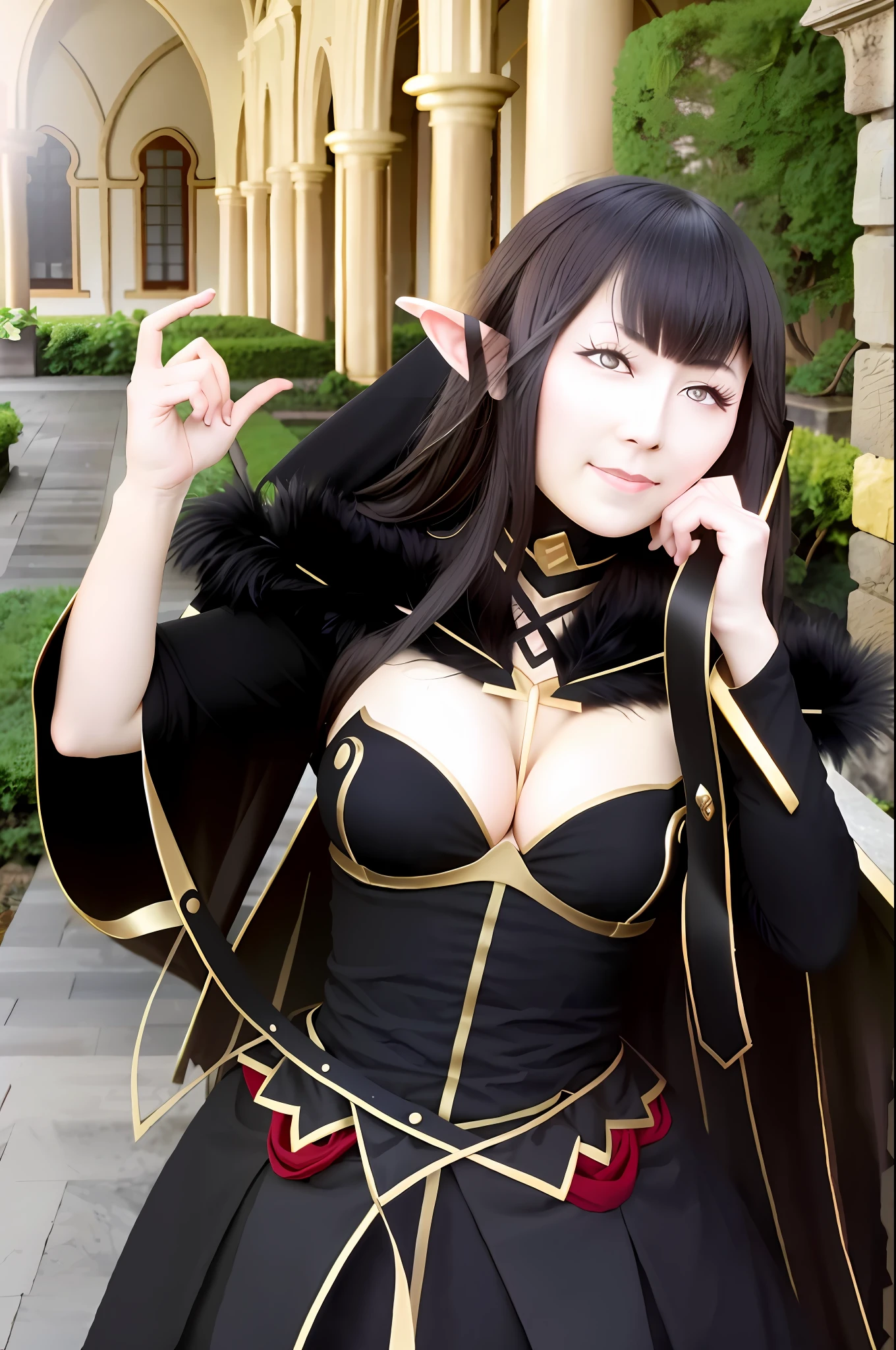 semiramis \(fate\), black dress, black fur trim, bridal gauntlets, ((masterpiece)), garden, light smile, from side, dove, asian face,