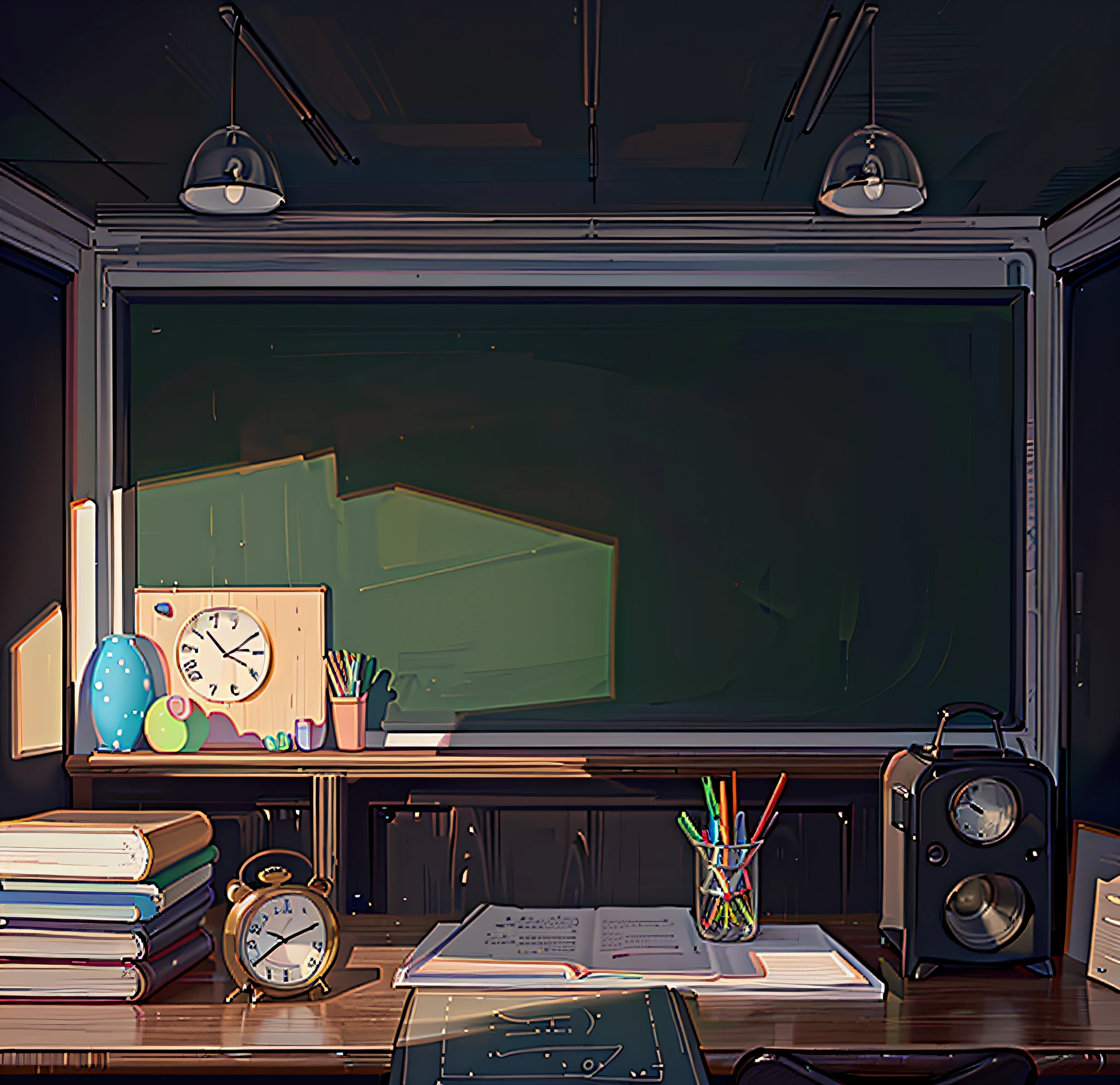 there is a desk with a chalkboard, a clock, a laptop, and a clock, classroom background, detailed school background, highschool background, personal room background, random background scene, background art, background artwork, workshop background, basic background, bright uniform background, classroom, school classroom, animation illustrative style, 3 d stylize scene, uniform background, school class