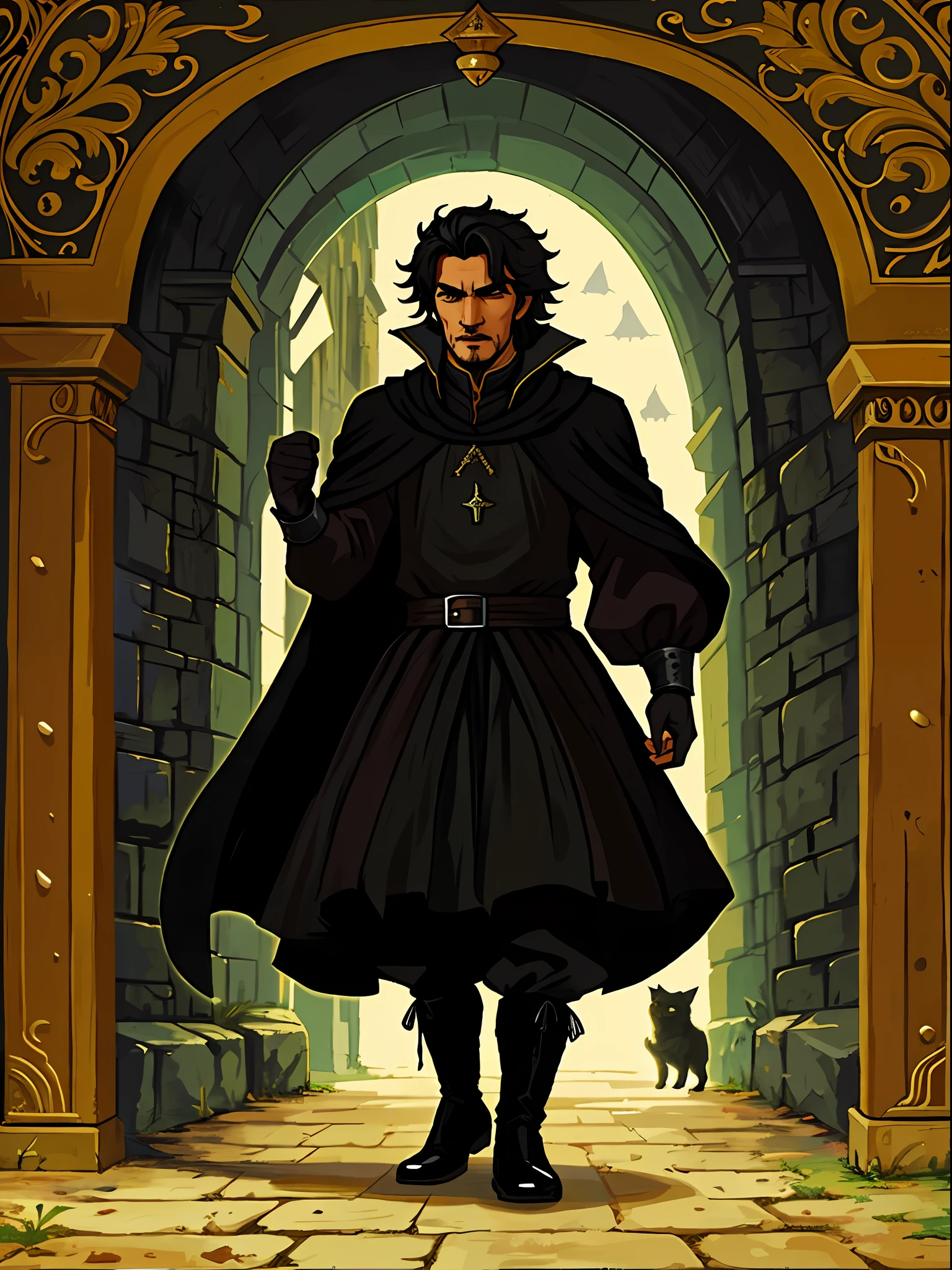 A black cat-looking man wearing medieval clothes This cat is a hybrid rogue who can walk and talk in an RPG