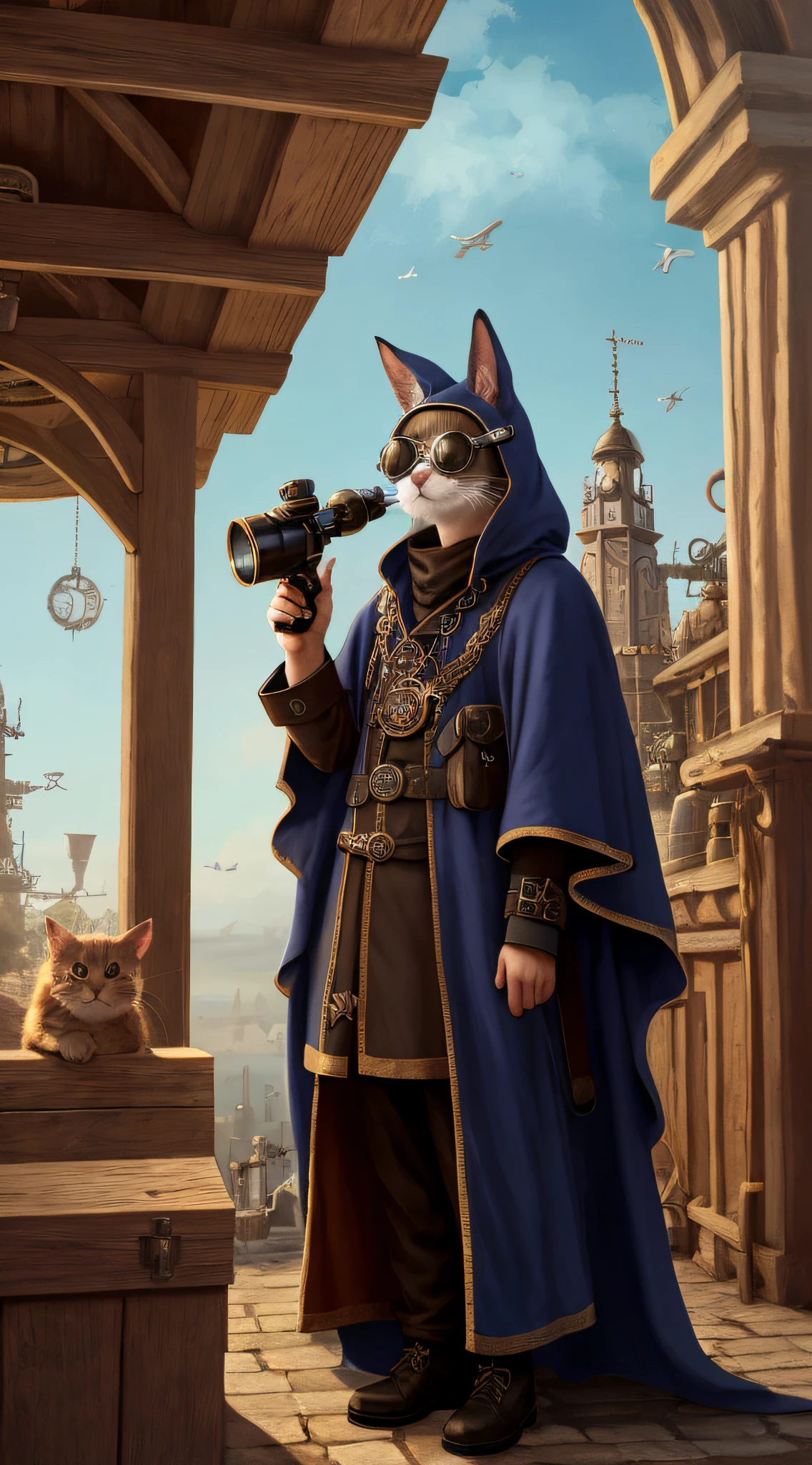 Epic hyperrealistic photo of a cat wearing a cloak and goggles, holding a telescope in hand，looking in a certain direction，in the style of steampunk influences, john wilhelm, bunnycore, realistic yet stylized, charming characters, ratcore, --ar 2:3 --v 5.1