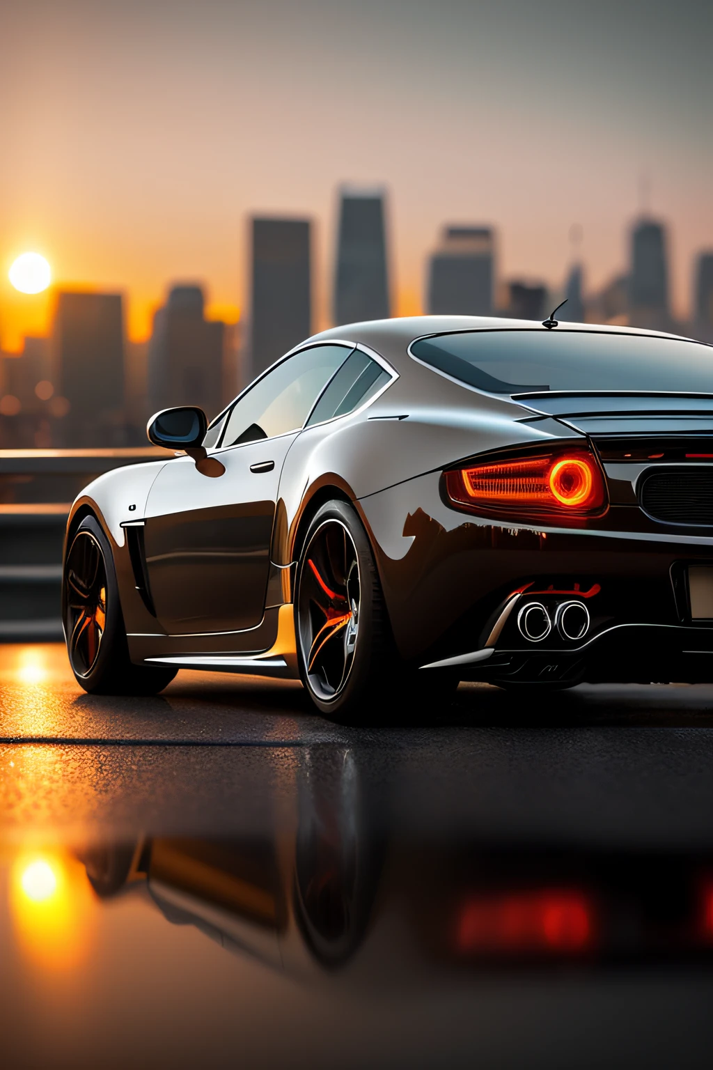 low angle, professional photo of a luxury car, water reflection, sunset, city in the background, road, bokeh, (light shot:1.5), (hi key:1.5), cinematic, fine details, 8k, (ambient lighting:1.3), (ArtStation:1.3)