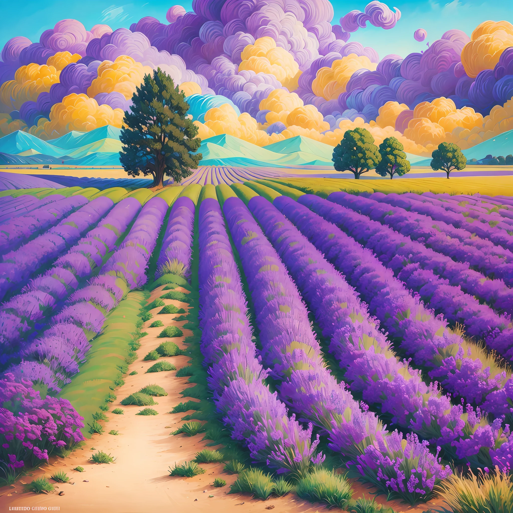 a painting of a lavender field with a lone tree, vibrant and colorful oil painting, 8k, rich picturesque colors and brushstrokes, van Gogh style painting