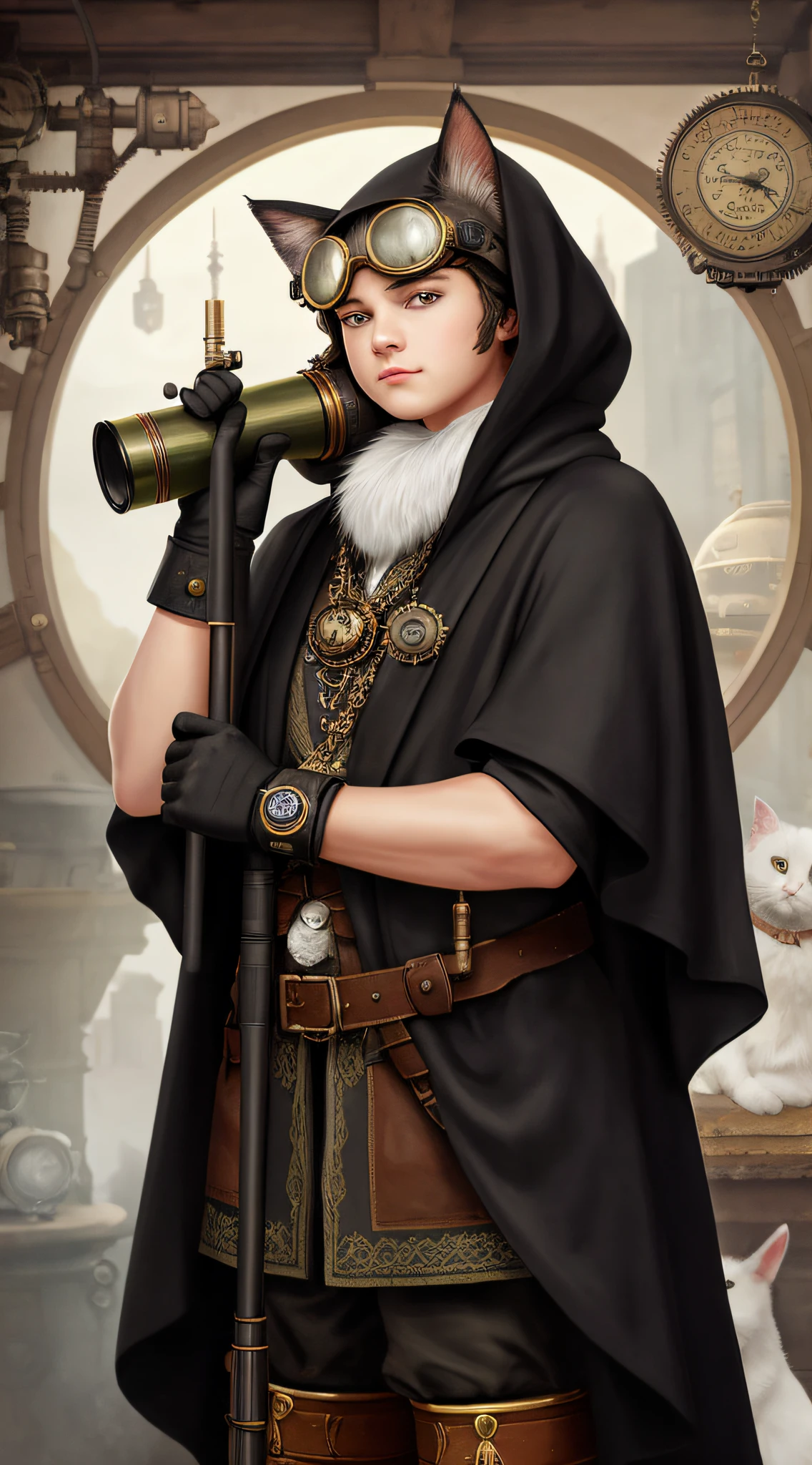 Epic hyperrealistic photo of a cat wearing a cloak and goggles, holding a telescope in hand，looking in a certain direction，in the style of steampunk influences, john wilhelm, bunnycore, realistic yet stylized, charming characters, ratcore, --ar 2:3 --v 5.1