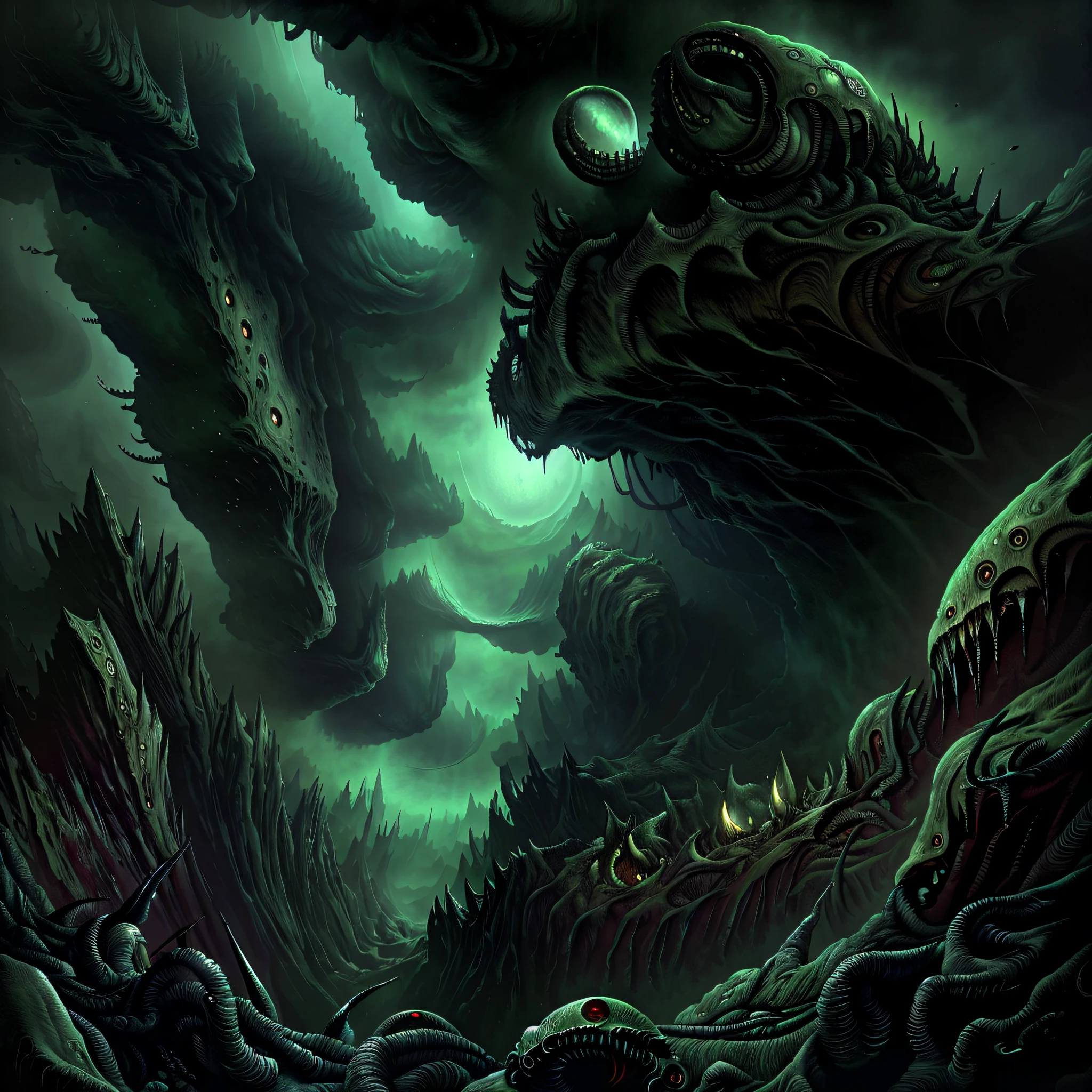 best quality,(masterpiece:1.2), an immense abyss to nothingness, doom, apocalyptic landscape, cavity, canyon, nightmare ambientation, horror, high definition, intricated detail, green colored, horror art, unreal engine, UHD, line art drawing style. Illustration by Dan Seagrave.