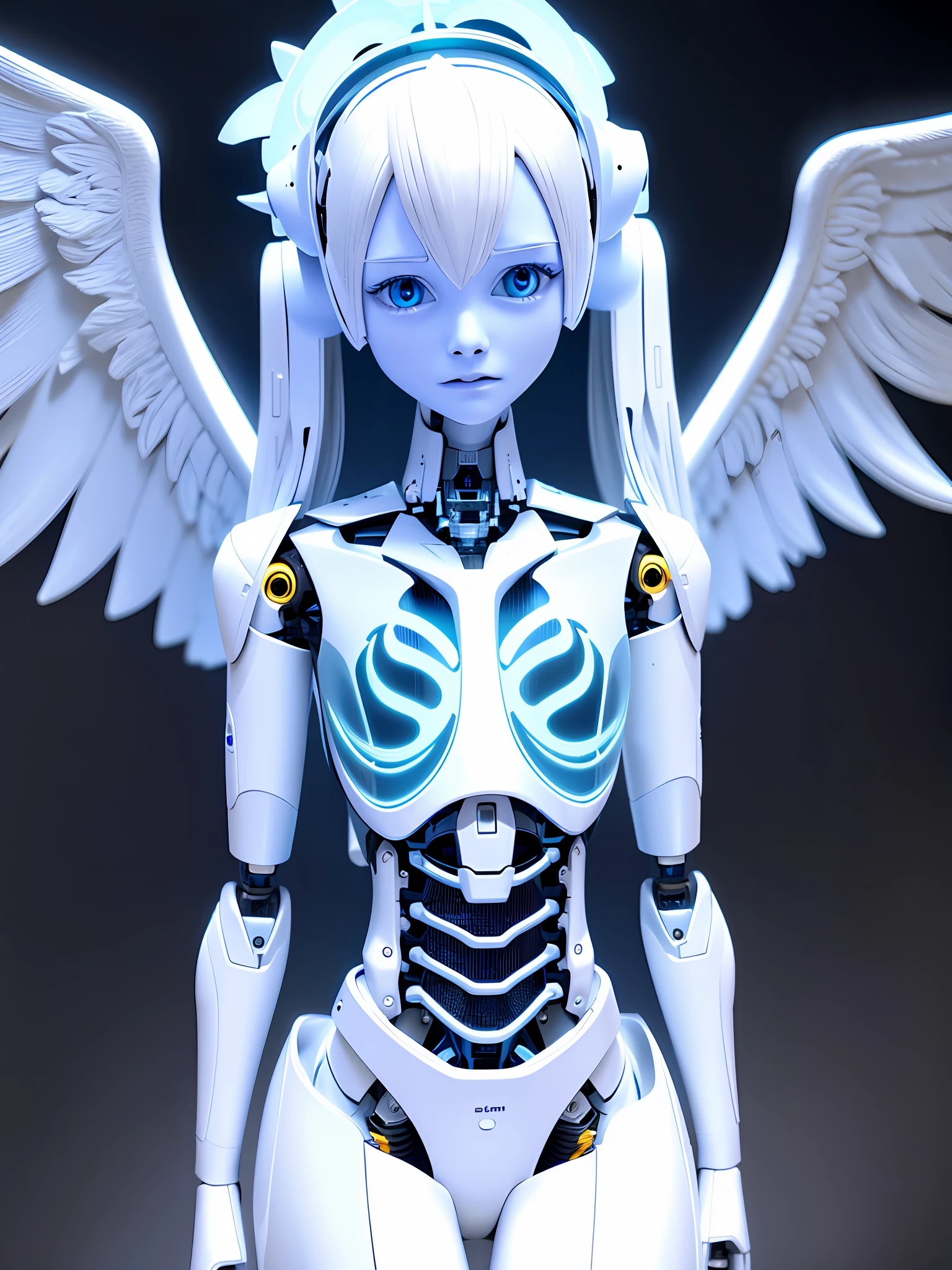 Robot was ultra realistic, 3d, 8k, with angelic wings in bluish tones