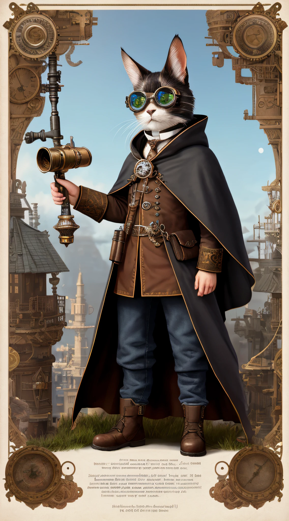 Epic hyperrealistic photo of a cat wearing a cloak and goggles, holding a telescope in hand,looking in a certain direction,in the style of steampunk influences, john wilhelm, bunnycore, realistic yet stylized, charming characters, ratcore, --ar 2:3 --v 5.1