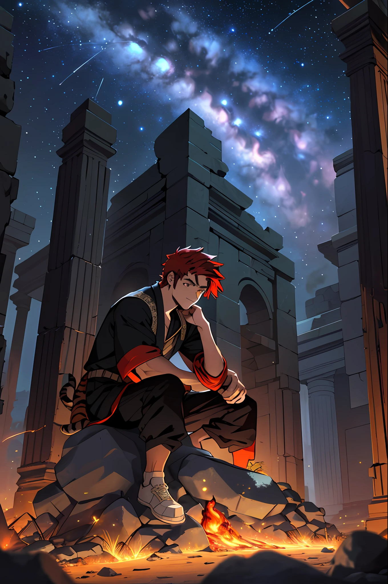 Draw a young programmer sitting on a stone in the middle of the ruins of a sacred temple. He, surrounded by fire destruction. The dramatic illumination of distant stars and planets illuminates the scene, casting deep shadows on the costume. The young man looks confident and determined, looking at the vast and mysterious universe with admiration and respect, red hair, tiger eyes,