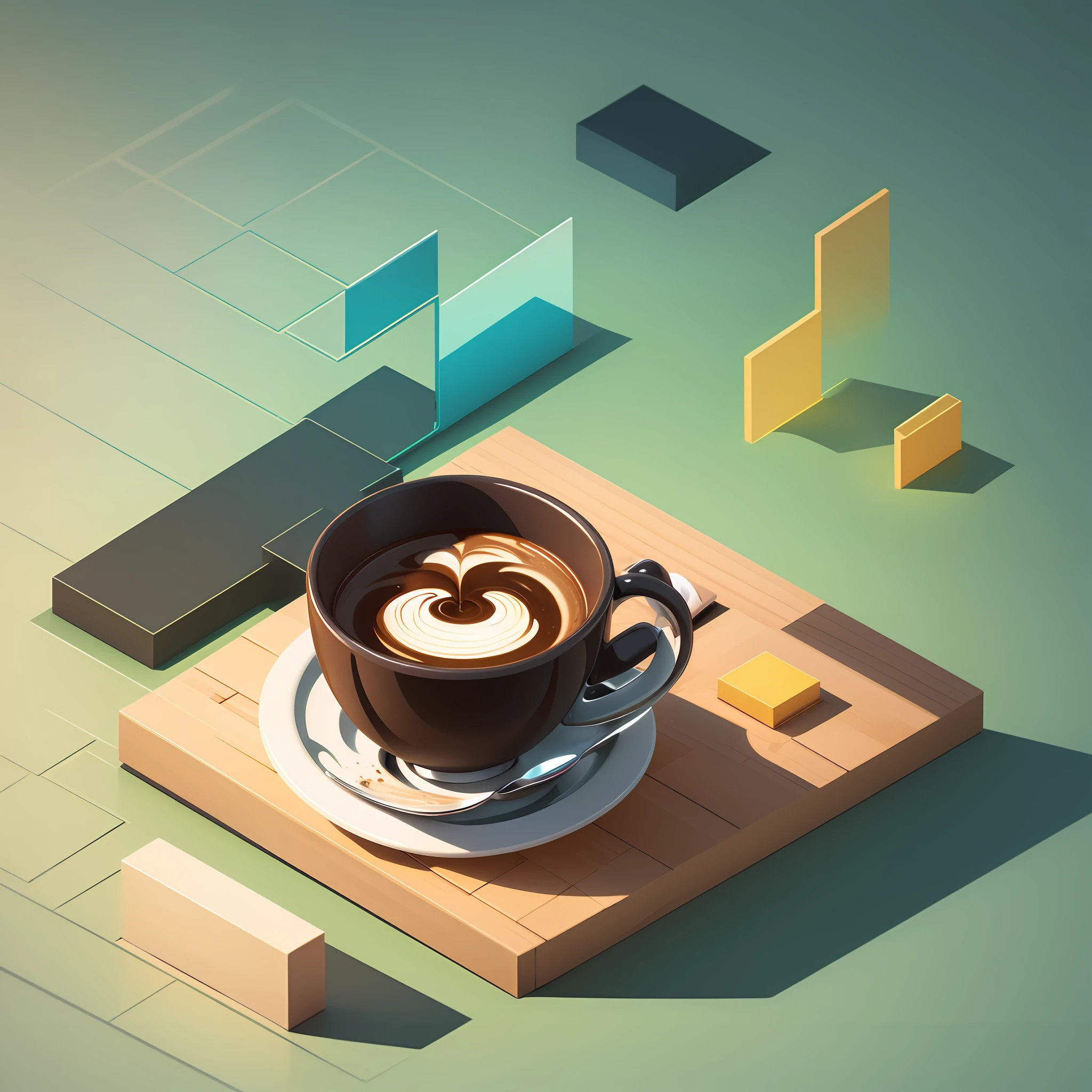 Isometric art of a cup of coffee,with creativity and ideas flowing, dreamy summer color palette,aestehtic, minimal design --ar 3:2 --v 5.1 50 --s 2
