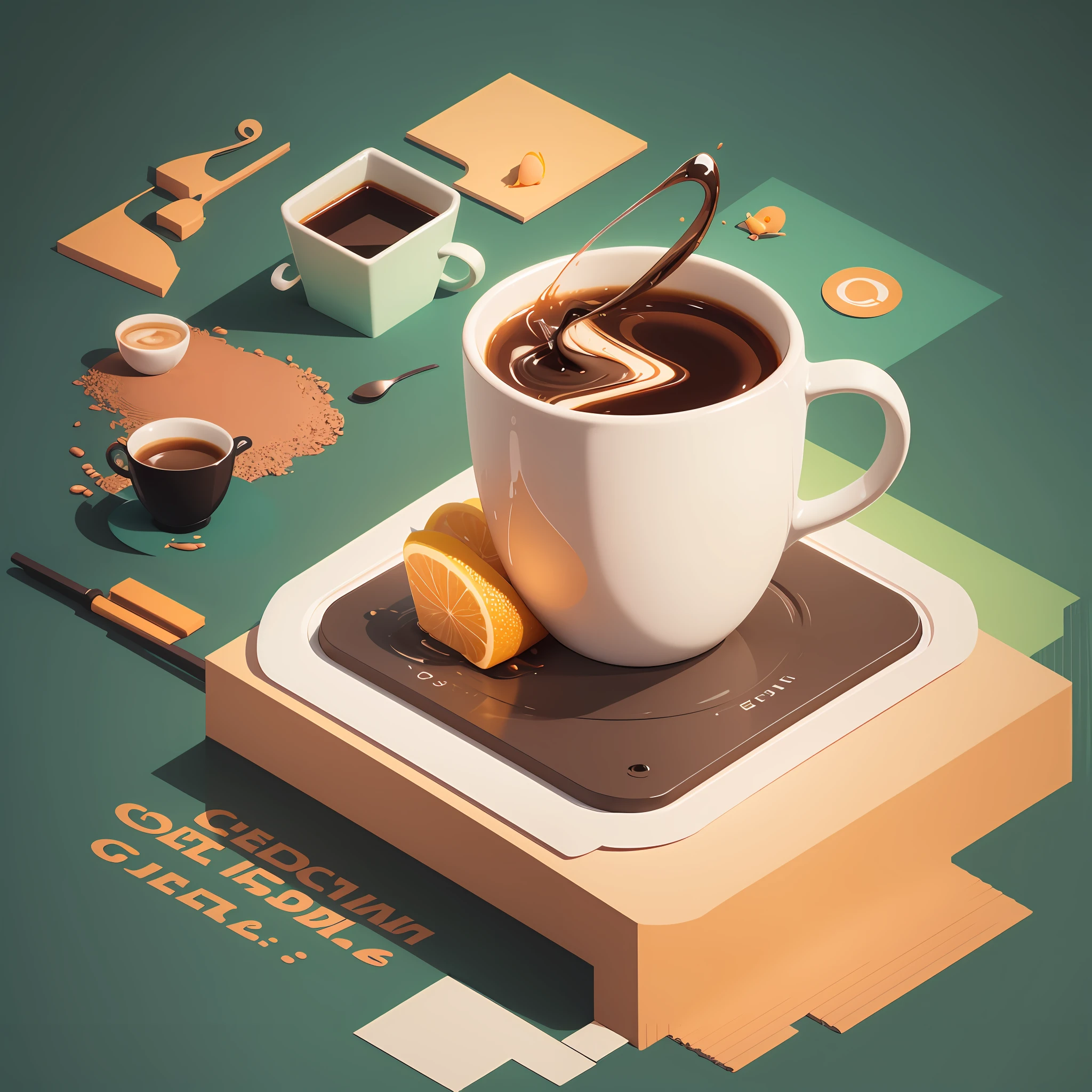 Isometric art of a cup of coffee,with creativity and ideas flowing, dreamy summer color palette,aestehtic, minimal design --ar 3:2 --v 5.1 50 --s 2